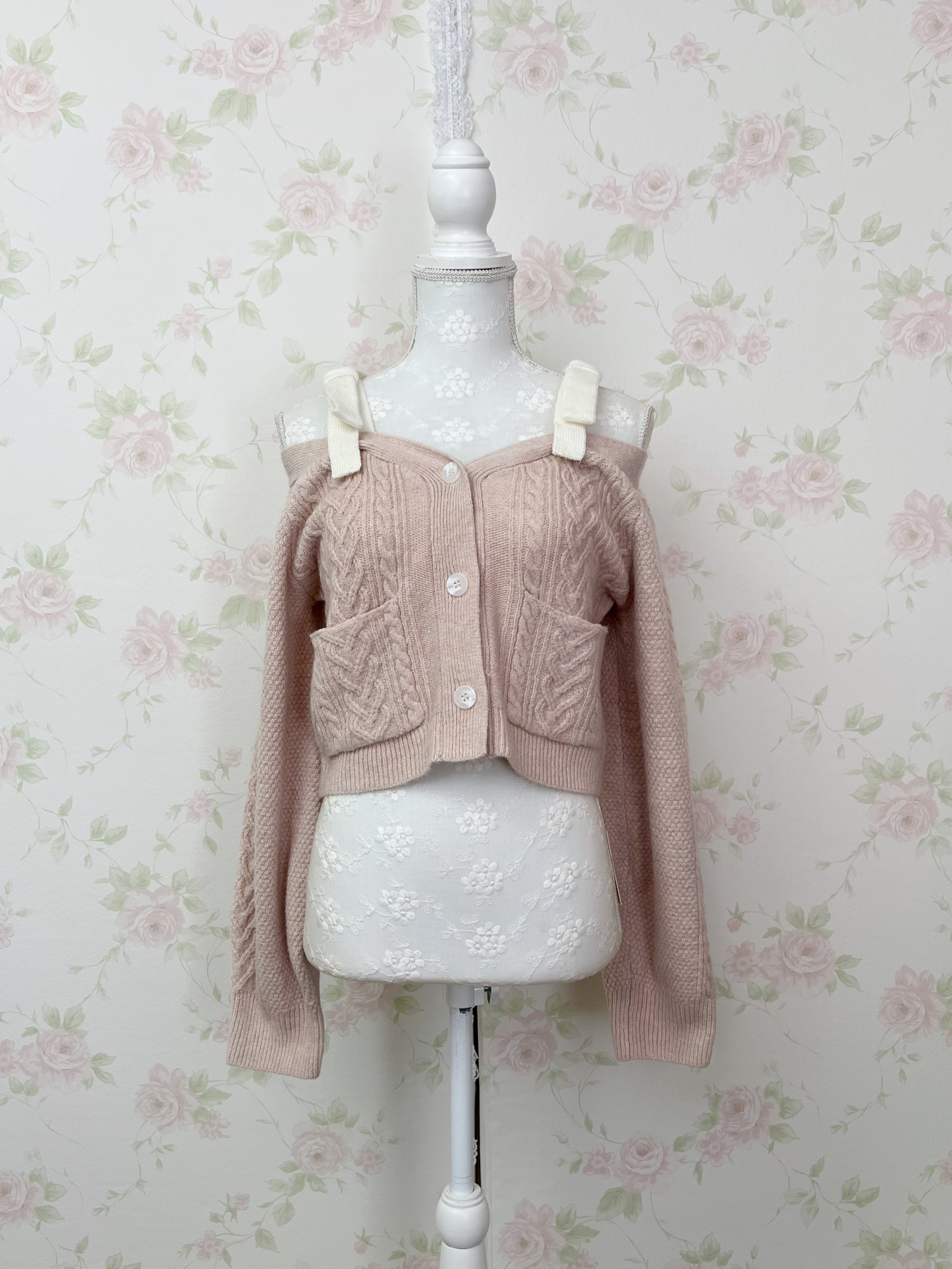 Ribbon 2 Way Shoulder Cardigan (Pink)