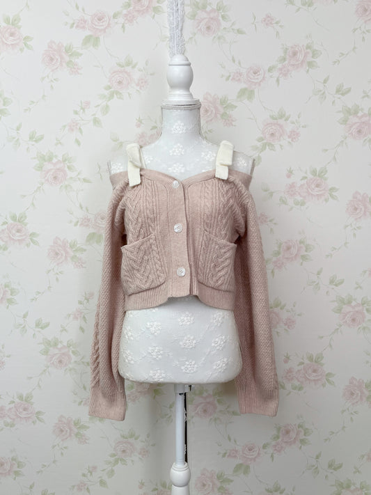 Ribbon 2 Way Shoulder Cardigan (Pink)