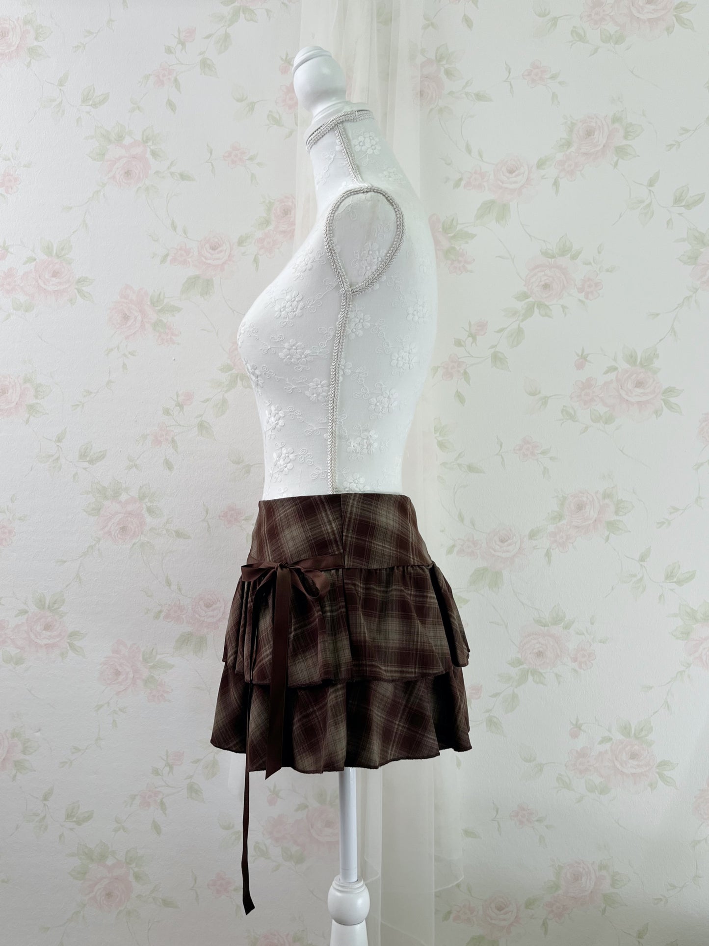 Side Bow Checked Shoujo Mini Skirt (Brown)