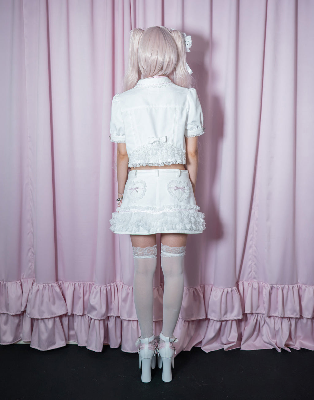 AVENCHUMU Lace frill ribbon denim skirt