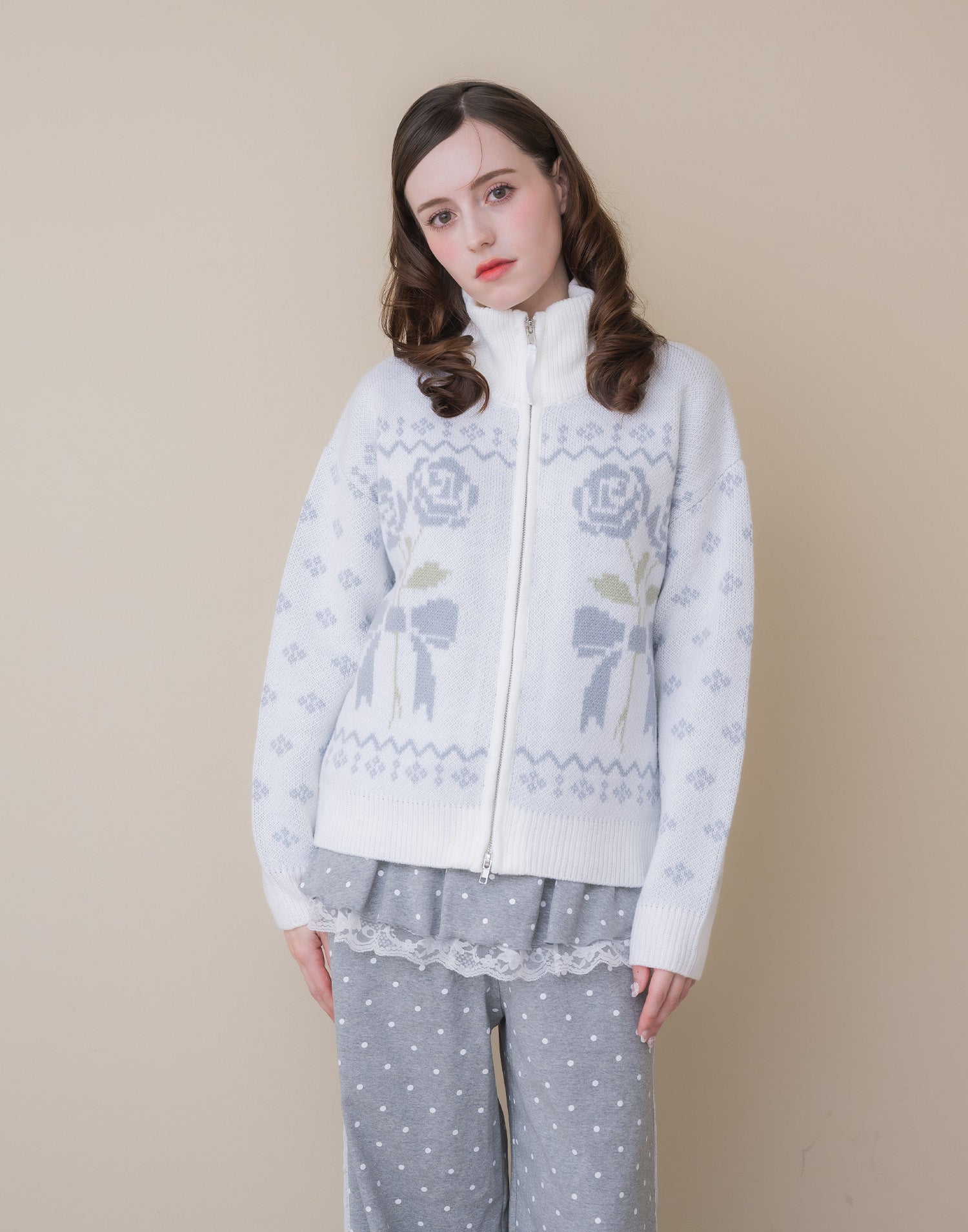 Lolime ribbon & floral cowichan knit zip up