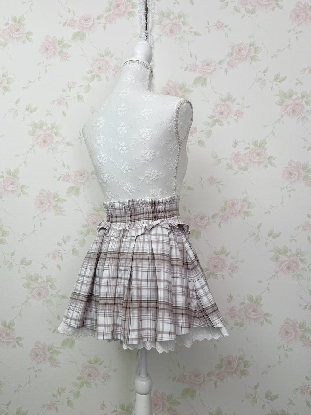 Pium Hem Lace Checked Skirt (Grayish Pink)
