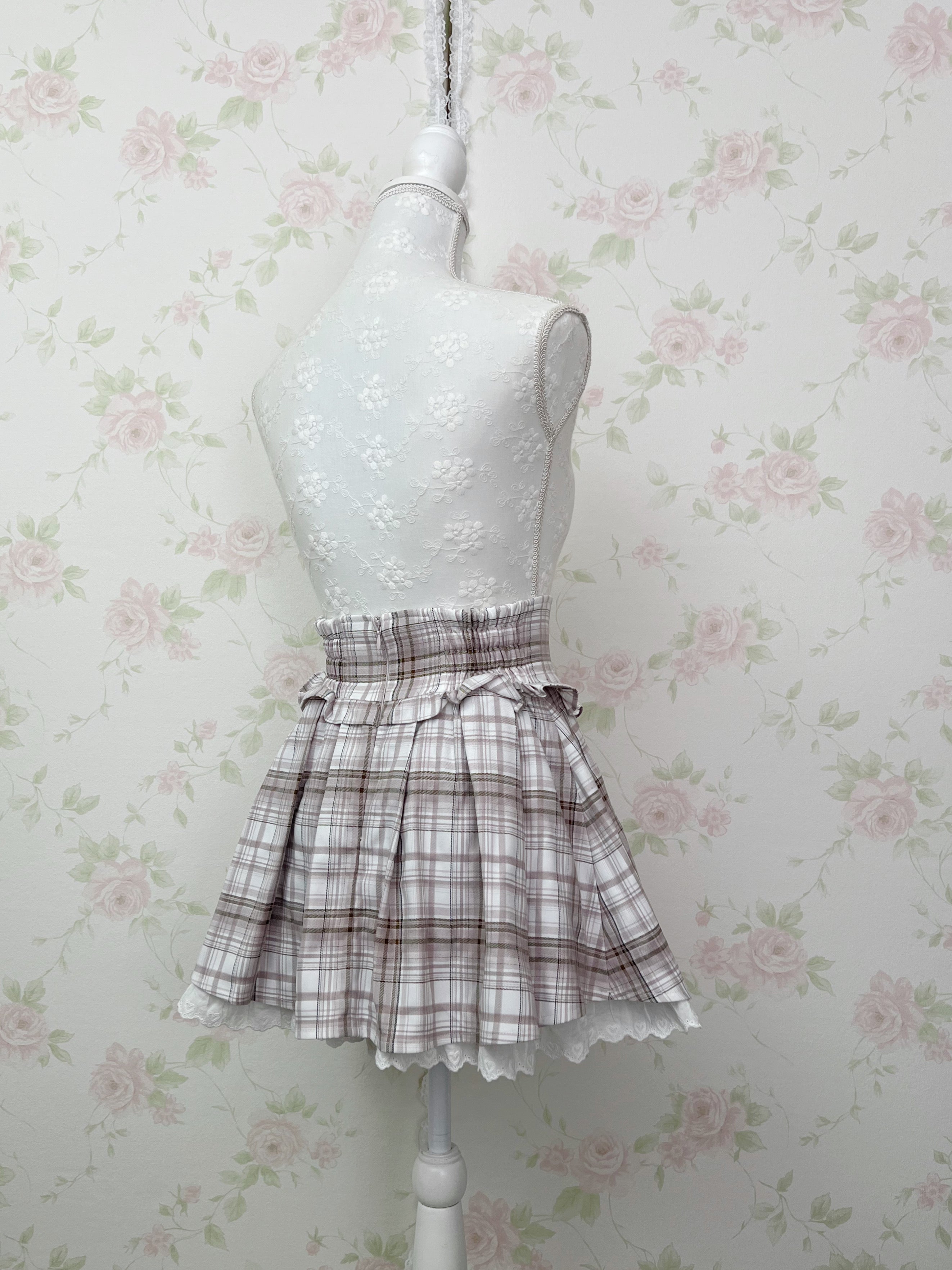 Pium Hem Lace Checked Skirt (Grayish Pink)