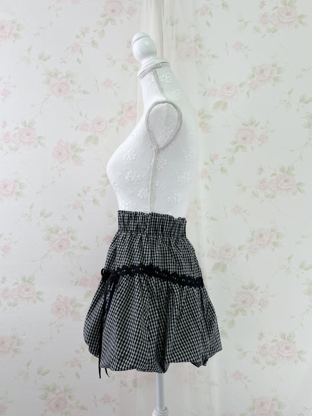 Clear Gingham Checked Cotton Balloon Skirt