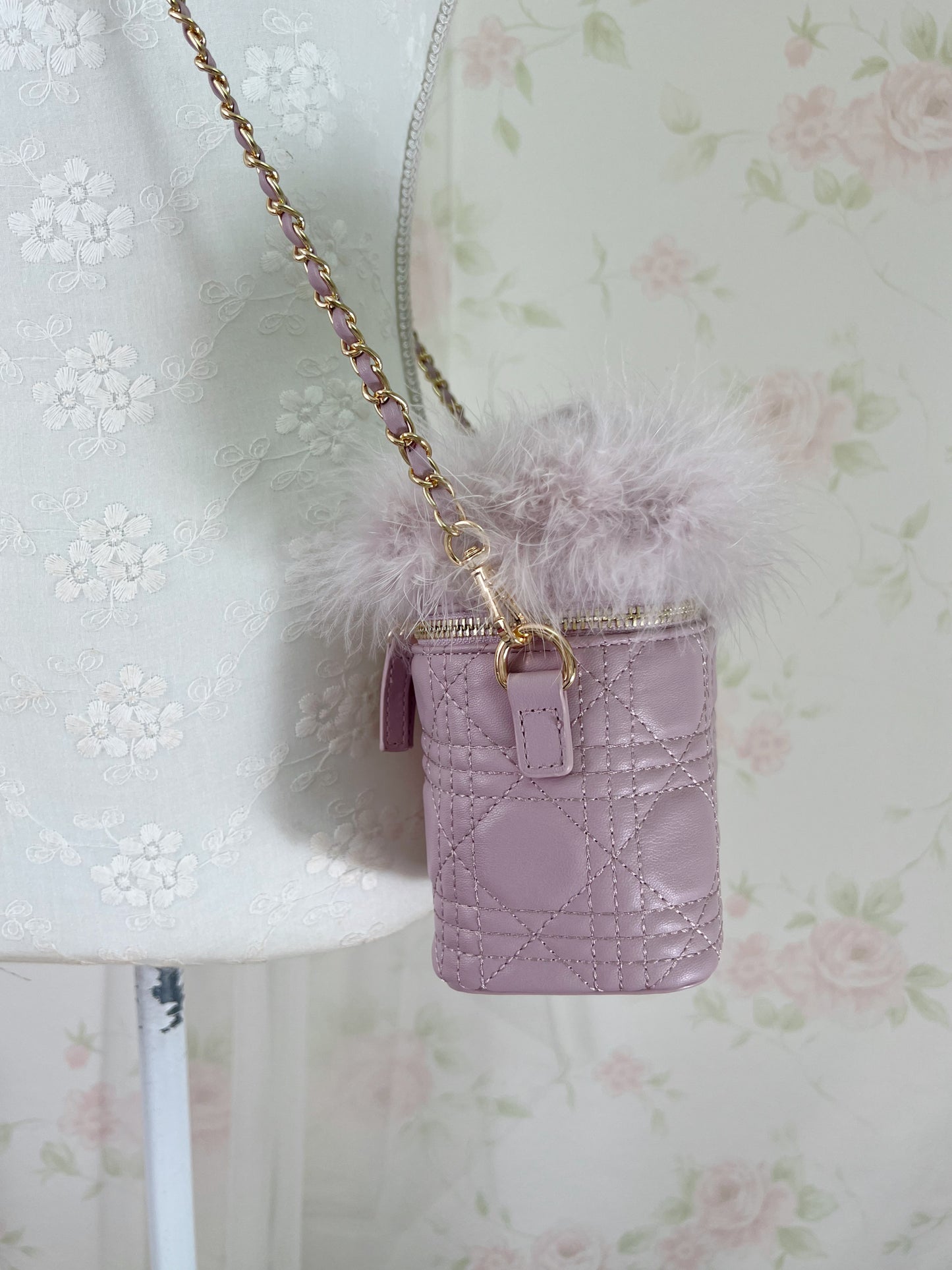 Quilting Fur Shoulder Bag (Purple Pink)