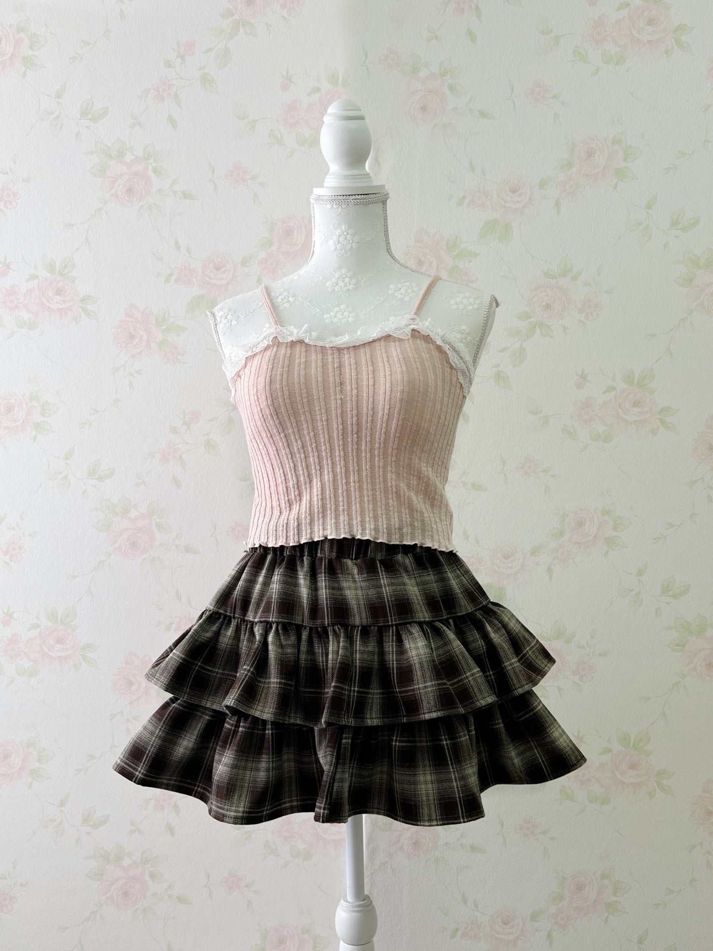 GRL Tiered Checked Skirt (Brown)