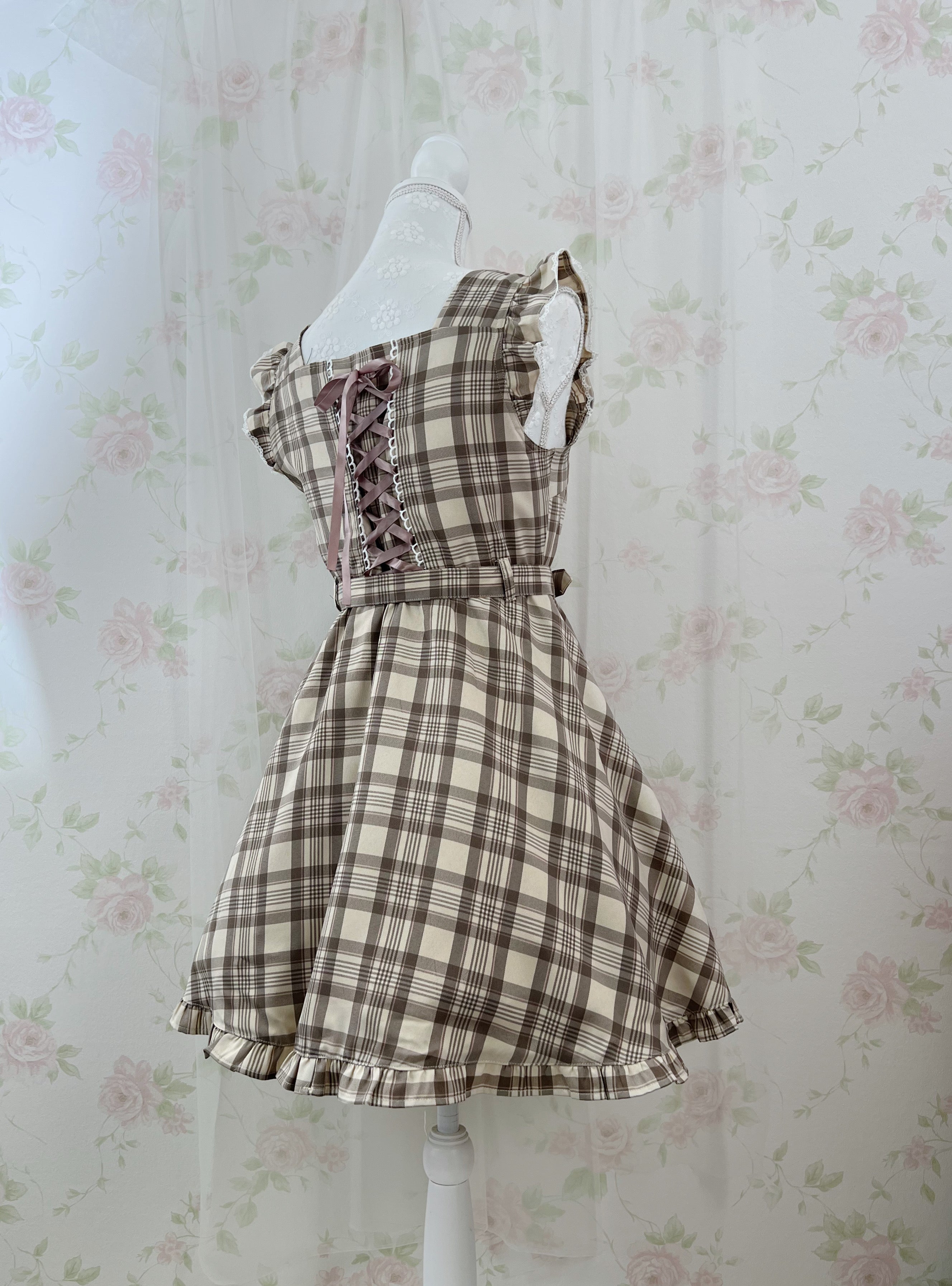 Honey Cinnamon Heart Buckle Belt Checked Dress