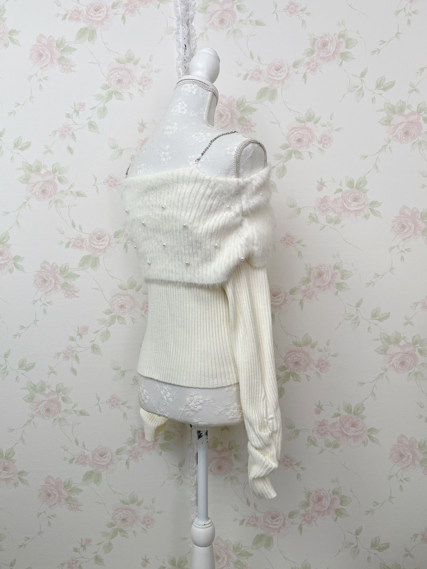one after another NICE CLAUP Off Shoulder Pearl Sweater (Ivory)