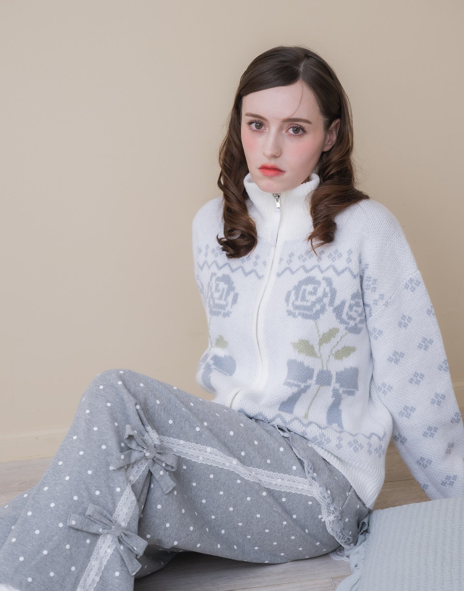 Lolime ribbon & floral cowichan knit zip up