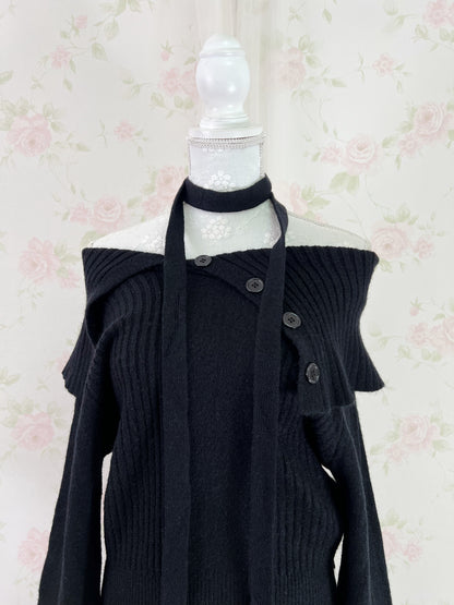 Off Shoulder With Scarf Knit Top (Black)