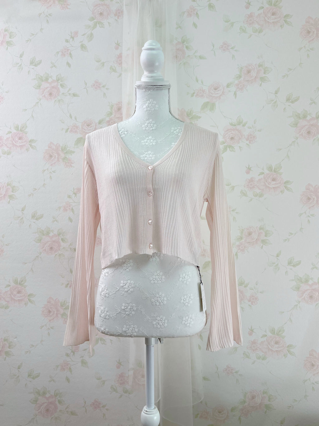 Heart Button Wide Sleeve Cardigan (Powder Pink)