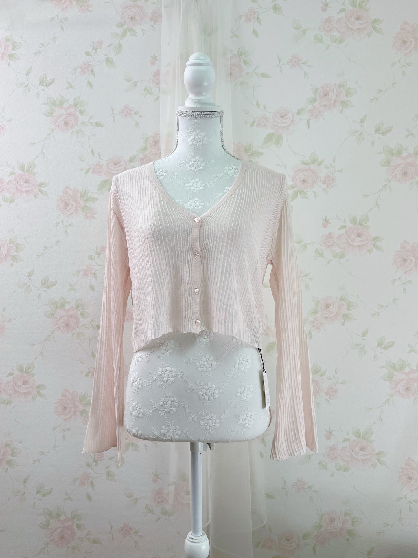 Heart Button Wide Sleeve Cardigan (Powder Pink)