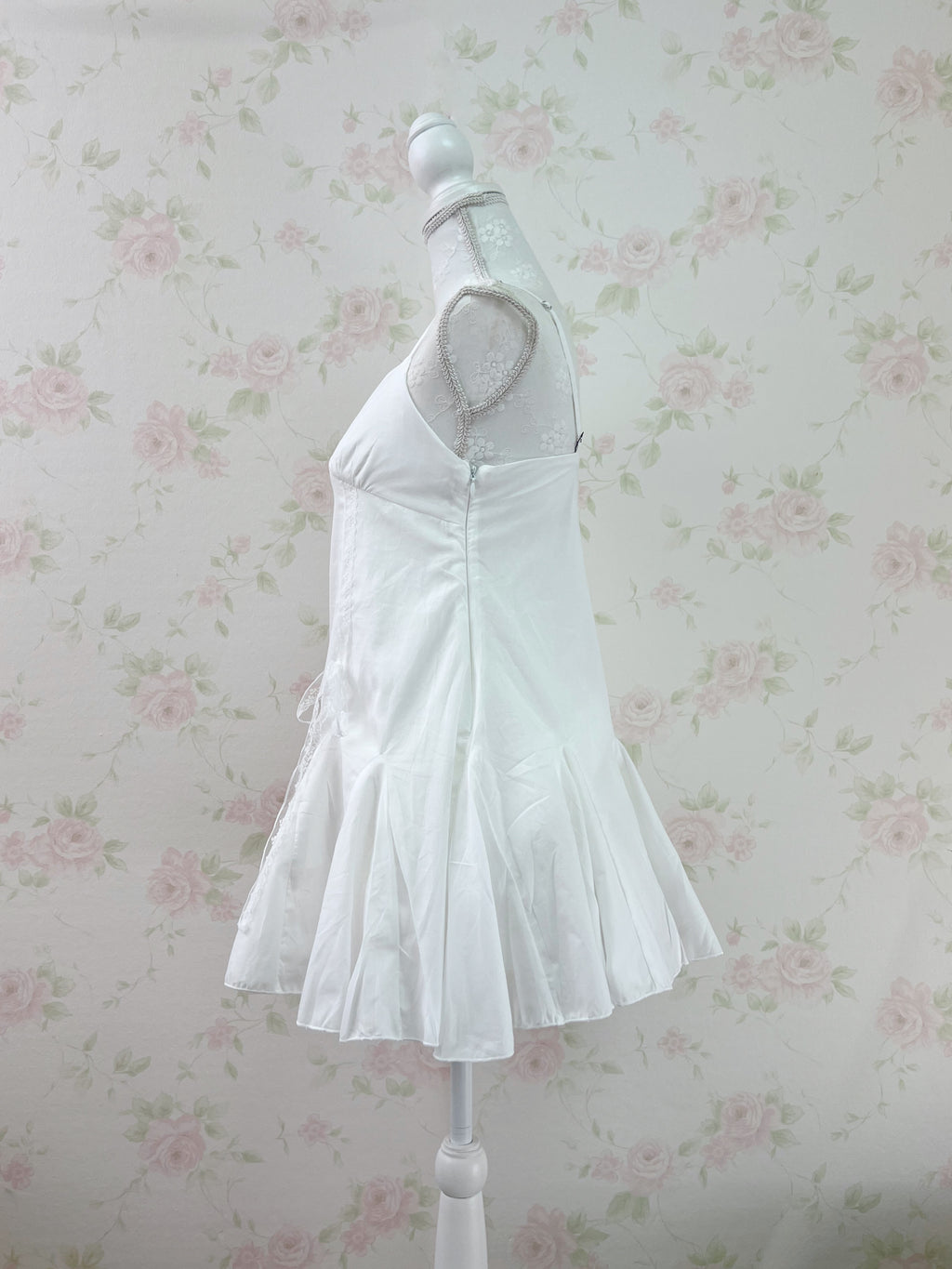 Side Lacy Bow Camisole Cotton Dress (White)