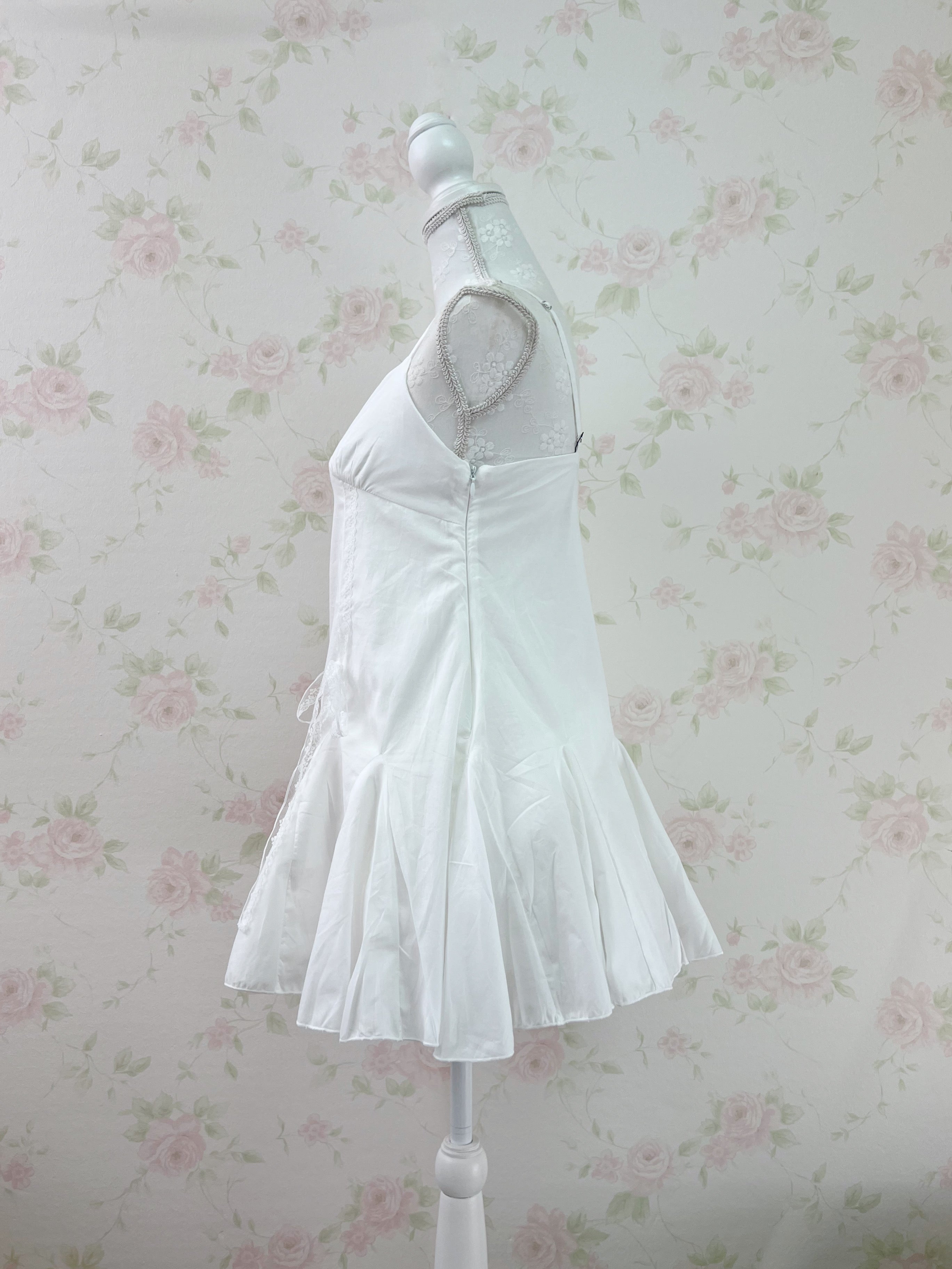 Side Lacy Bow Camisole Cotton Dress (White)