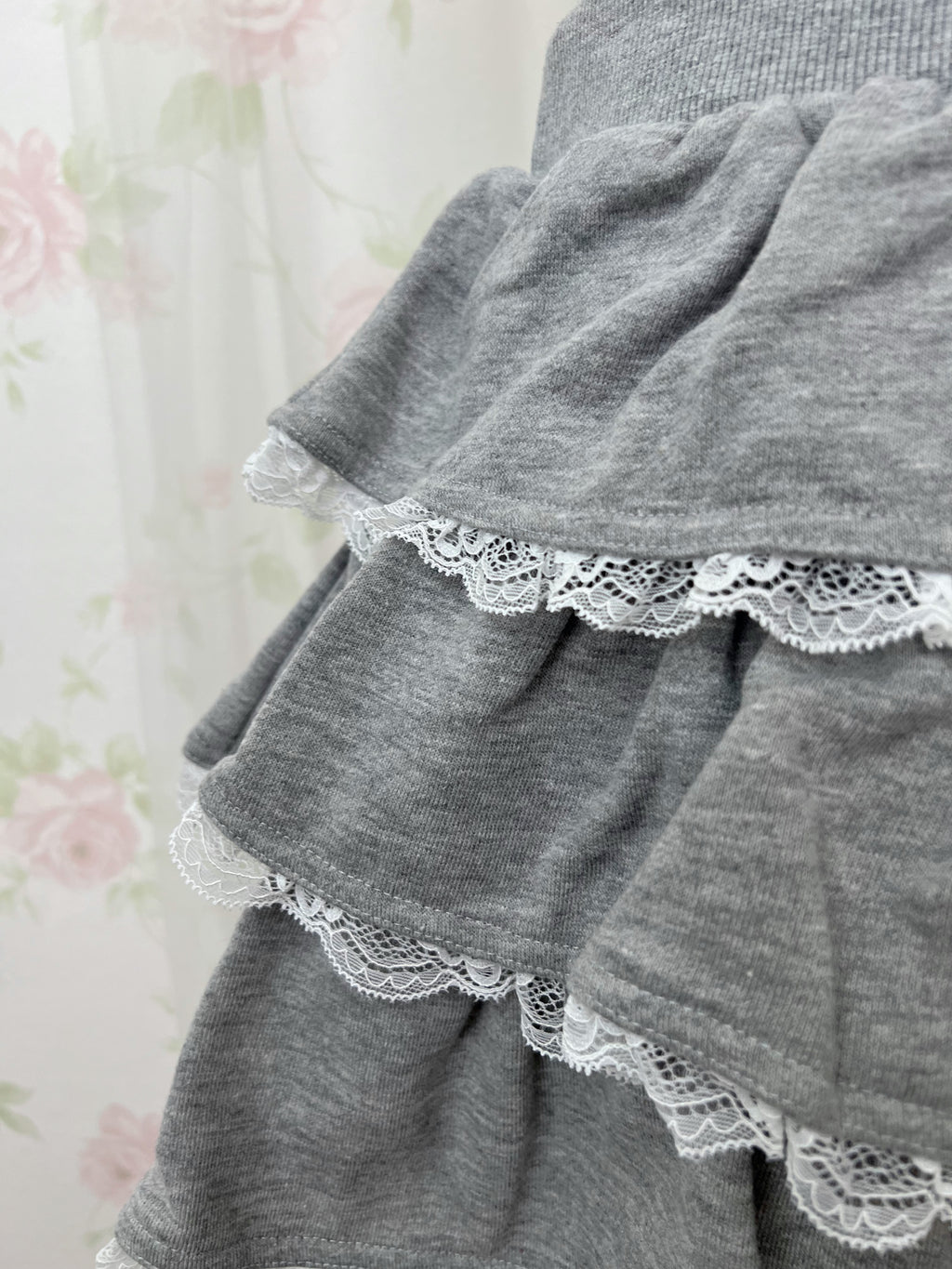 One Shoulder Top&Lace Sweat Skirt Set (Gray)
