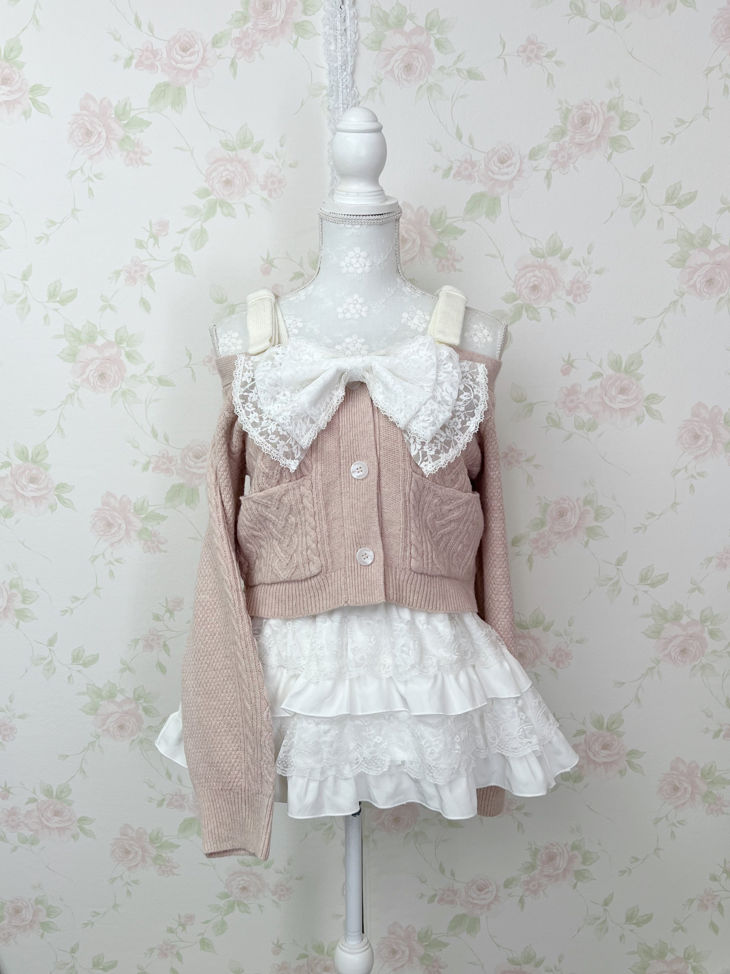 Ribbon 2 Way Shoulder Cardigan (Pink)