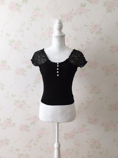 (10% OFF) GRL Floral Tulle  Sleeved Pearl Button 2 Way Top (Black)