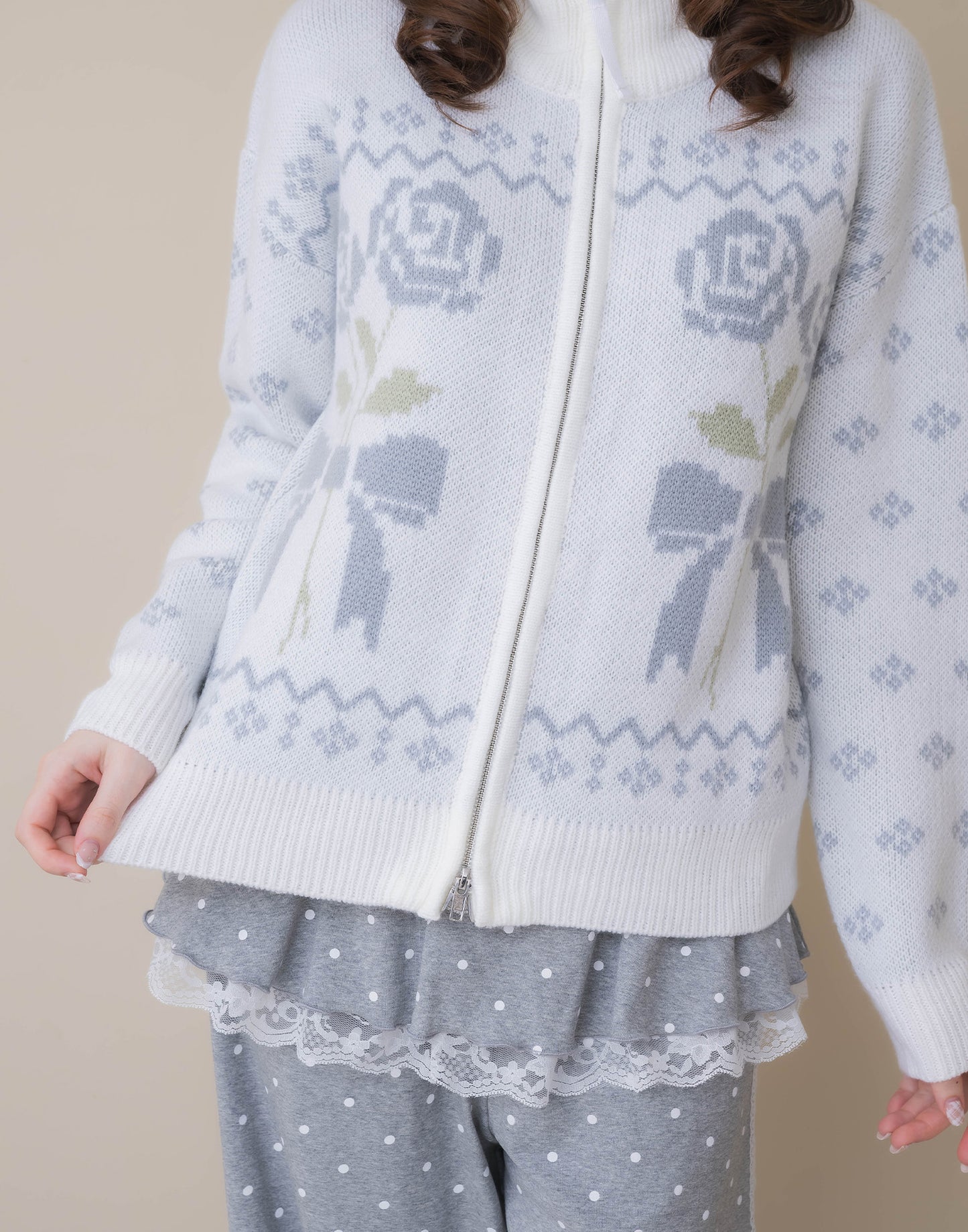 Lolime ribbon & floral cowichan knit zip up