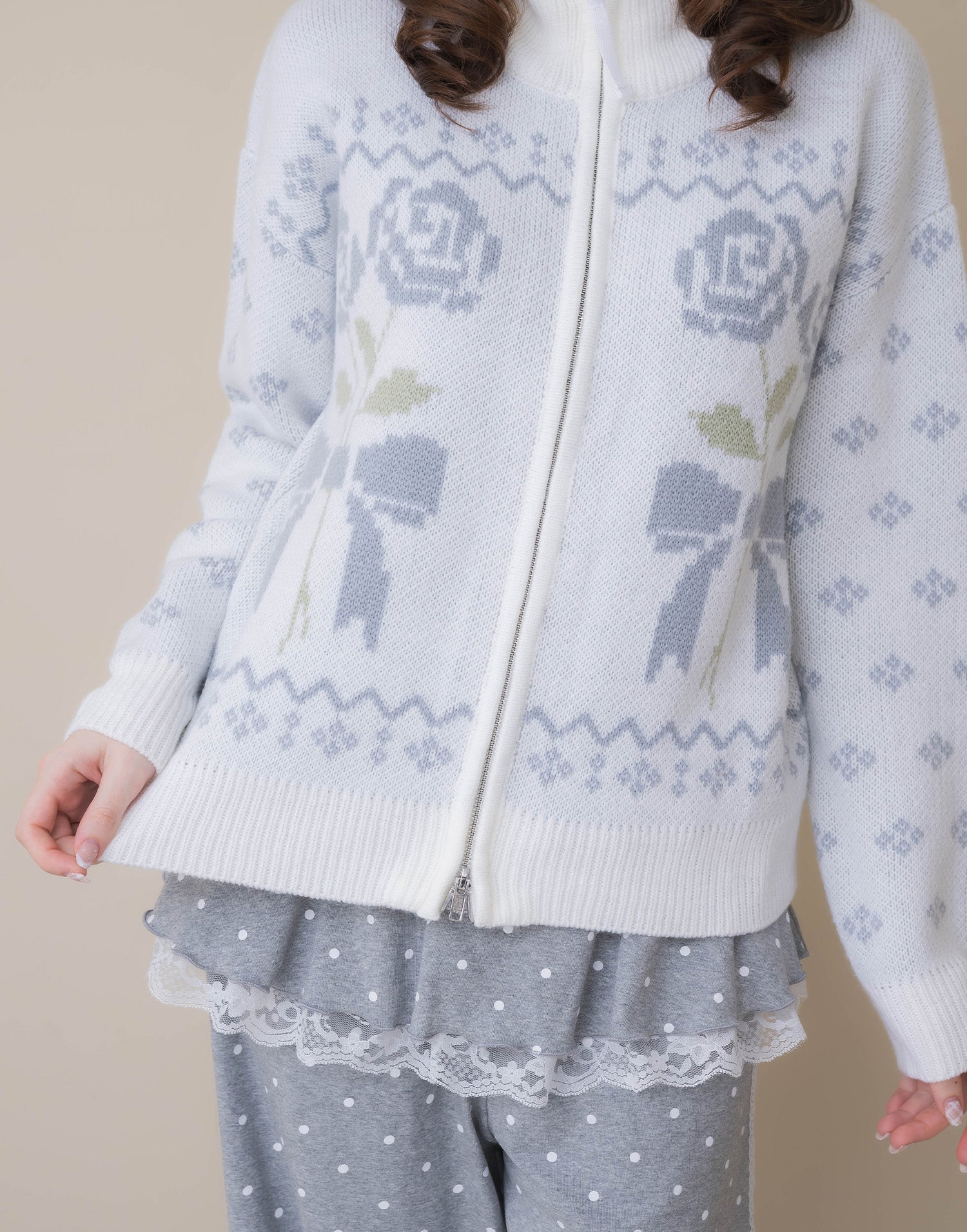 Lolime ribbon & floral cowichan knit zip up