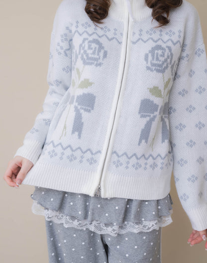 Lolime ribbon & floral cowichan knit zip up