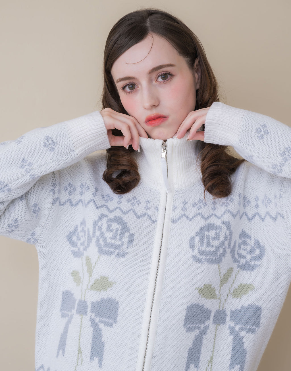 Lolime ribbon & floral cowichan knit zip up