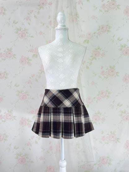 Wool Like Checked Pleated Skirt (Brown)