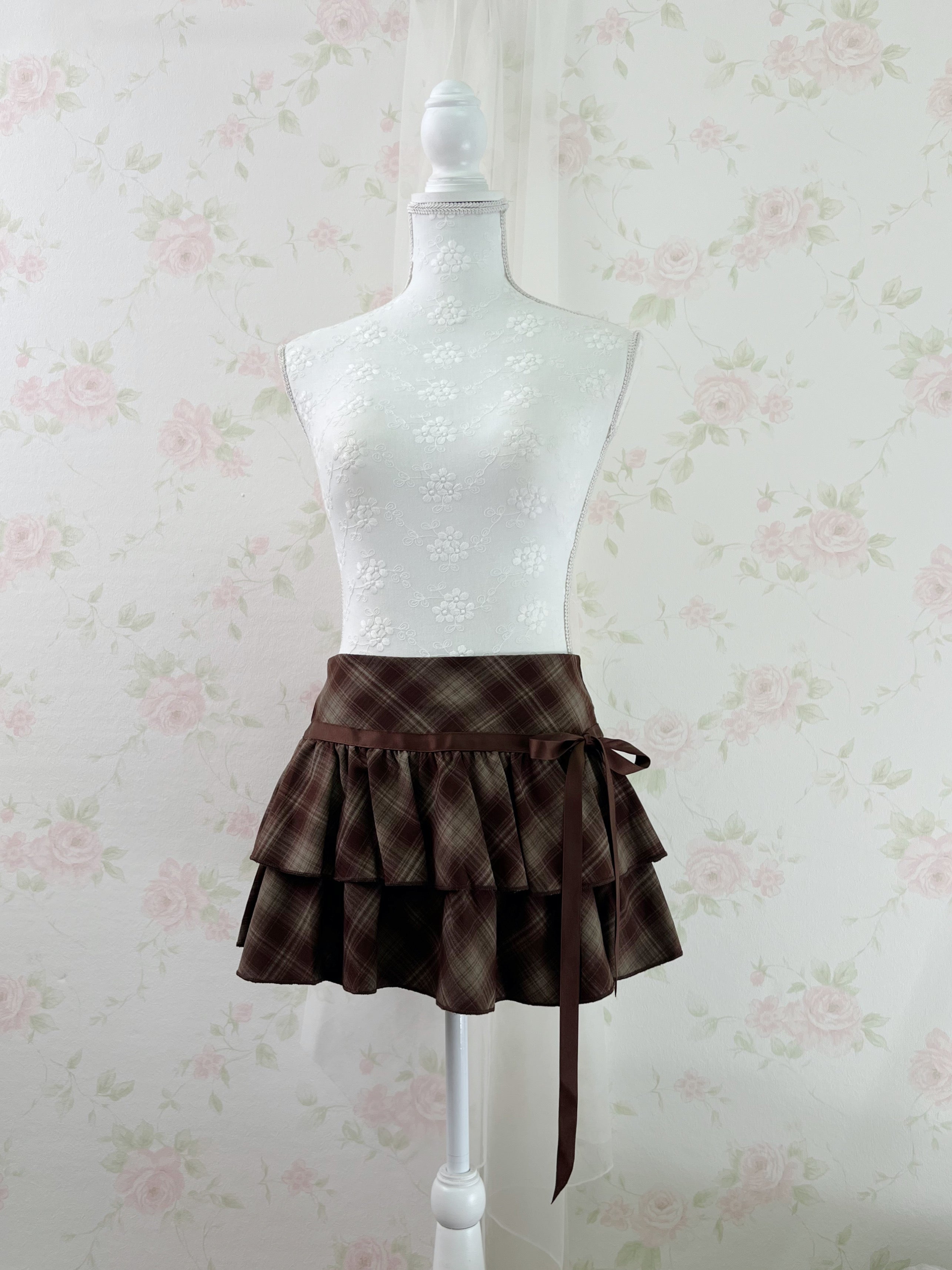 Side Bow Checked Shoujo Mini Skirt (Brown) S,M,L