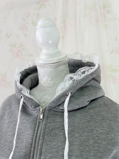 Lacy Ribbon Hoodie Skirt Set Up (Gray)