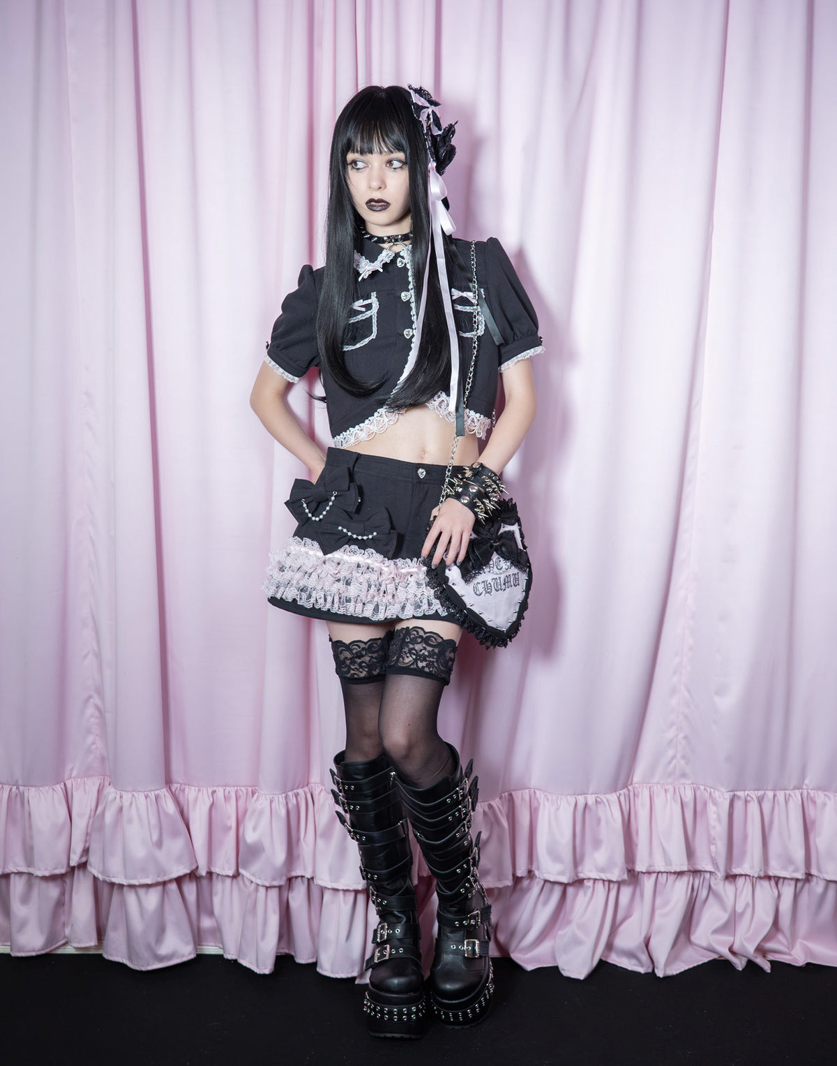 AVENCHUMU Lace frill ribbon denim skirt