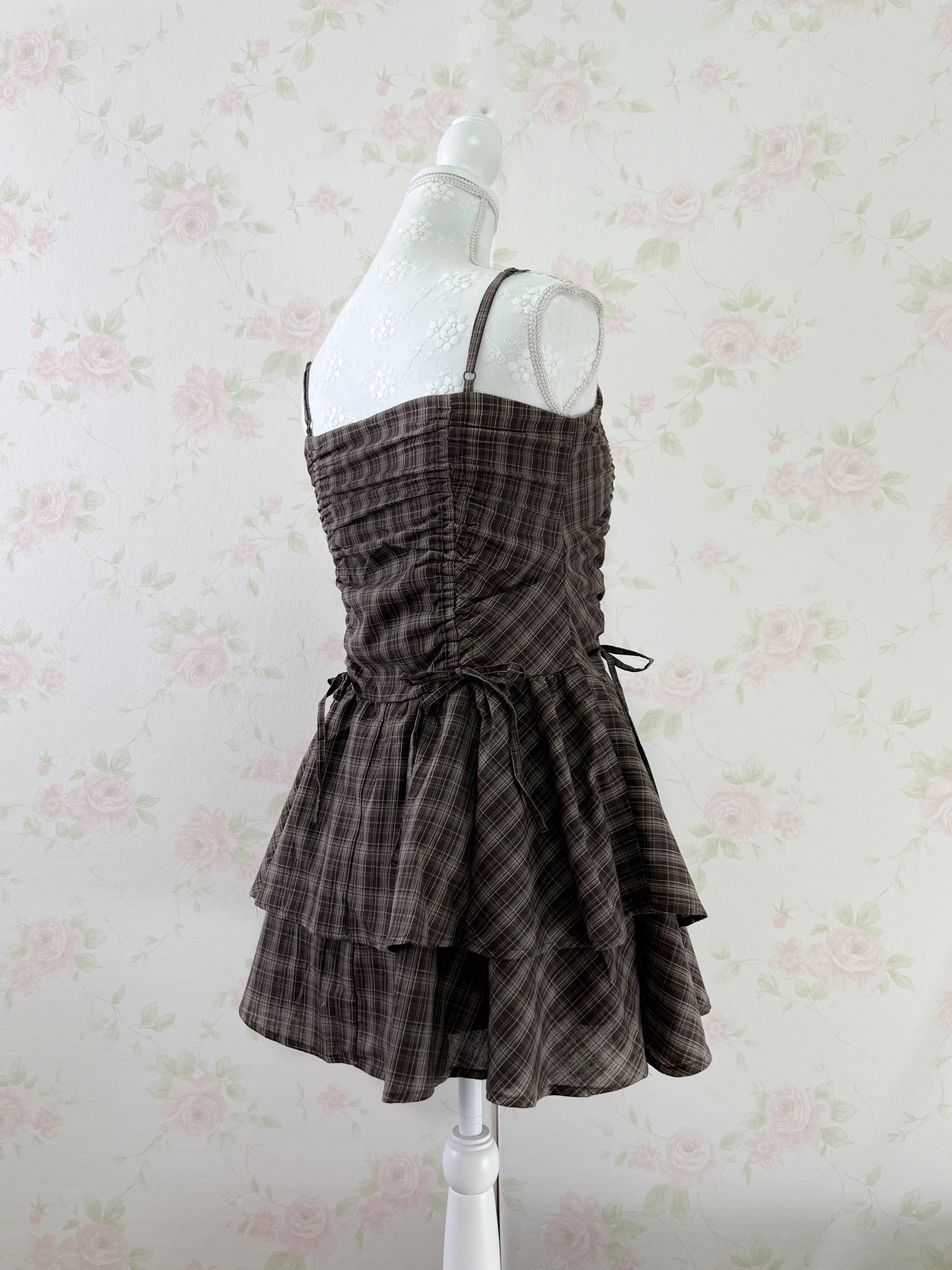 Side String Checked Camisole Dress (Brown)
