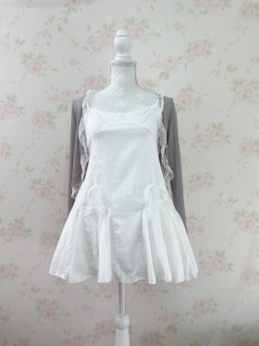 Side Lacy Bow Camisole Cotton Dress (White)