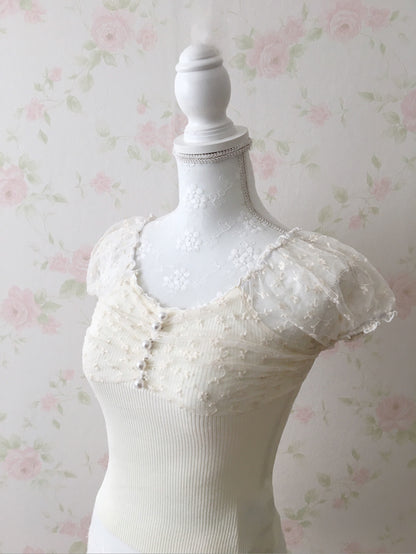 GRL Floral Tulle  Sleeved Pearl Button 2 Way Top (White)
