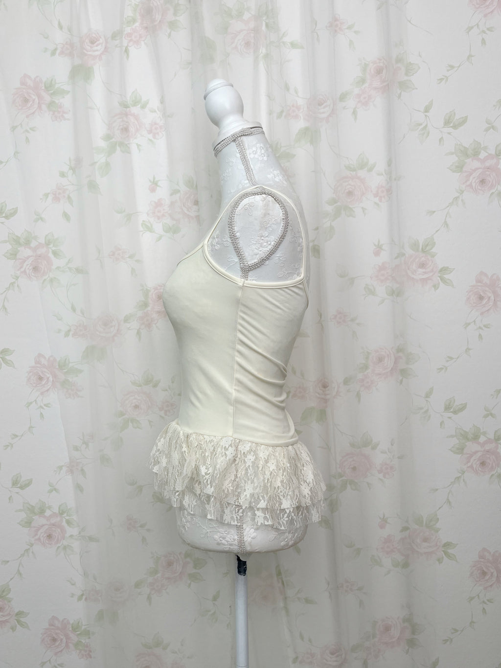 One Shoulder Knit Lace Camisole Set (Ivory)