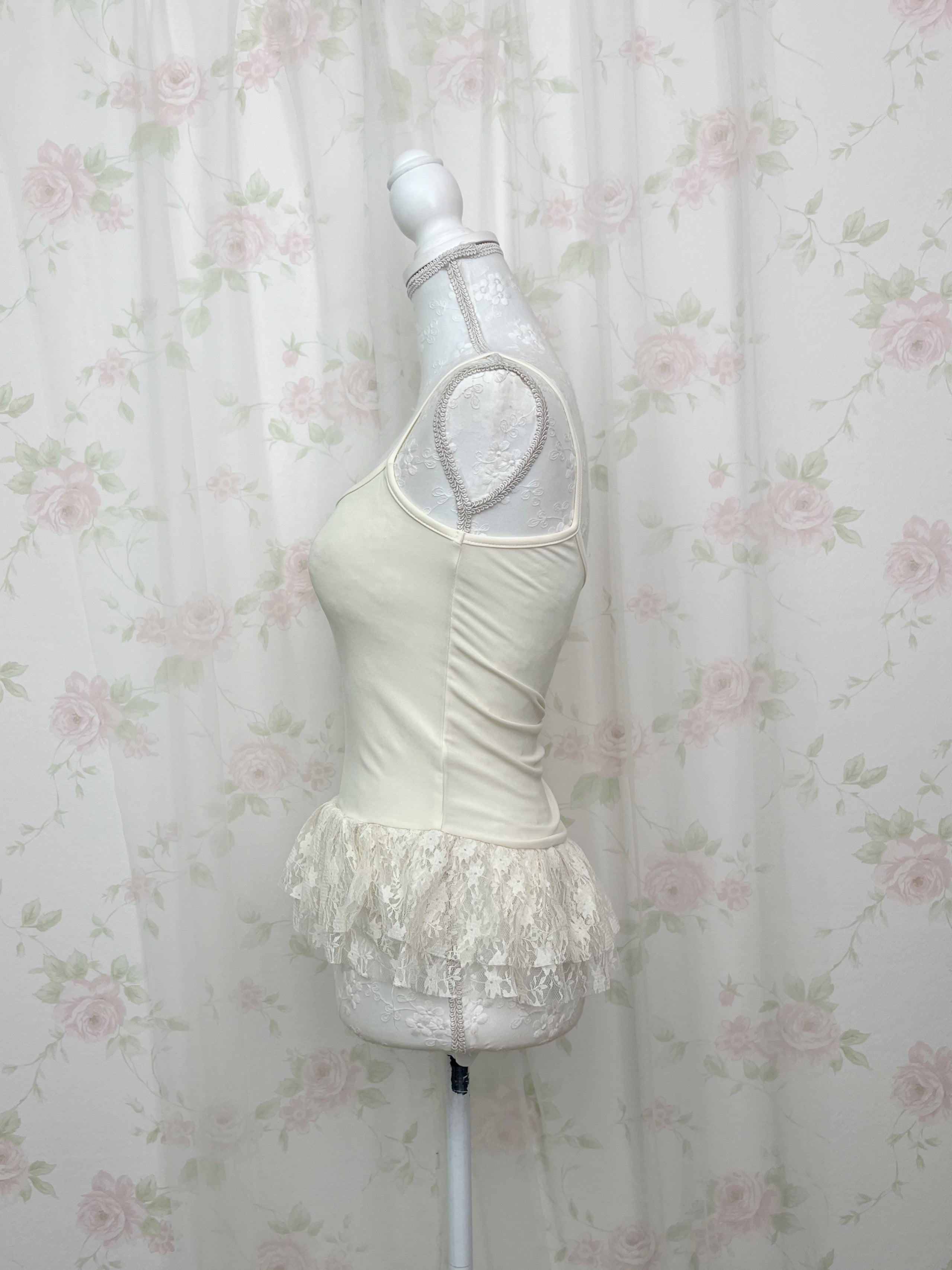 One Shoulder Knit Lace Camisole Set (Ivory)