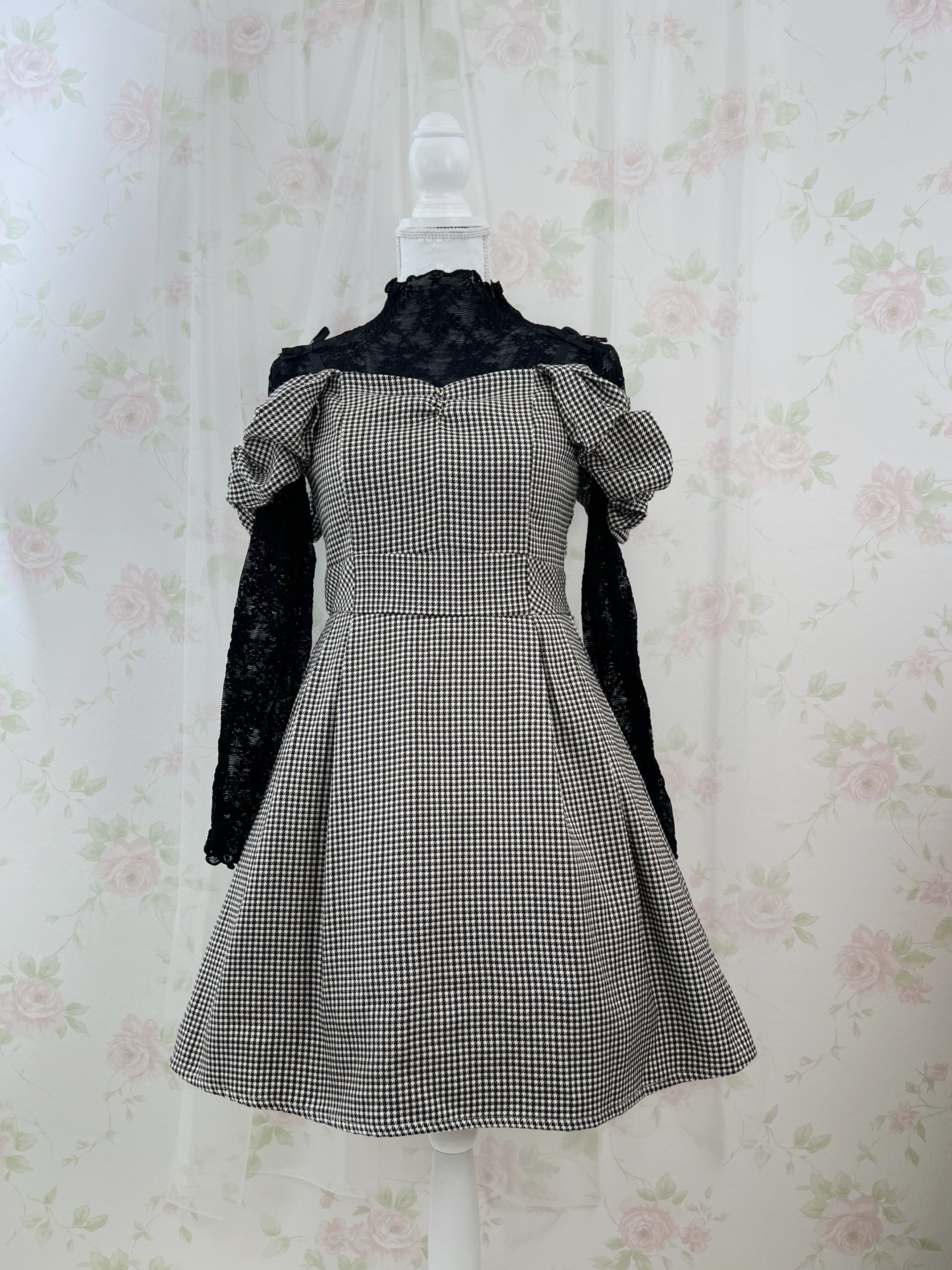 REDYAZEL Checked Off Shoulder Petite Bow Dress (Brown)
