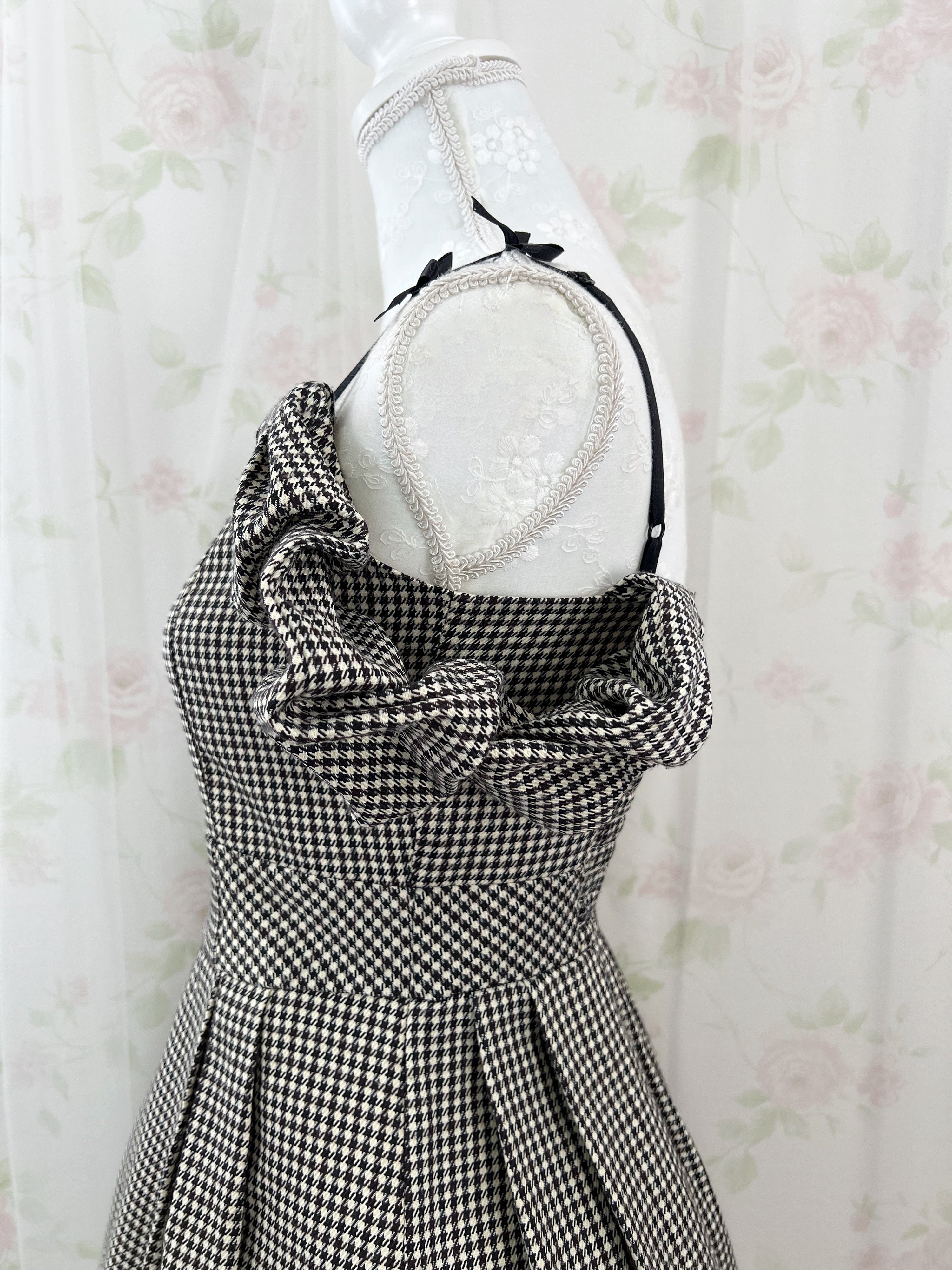 REDYAZEL Checked Off Shoulder Petite Bow Dress (Brown)