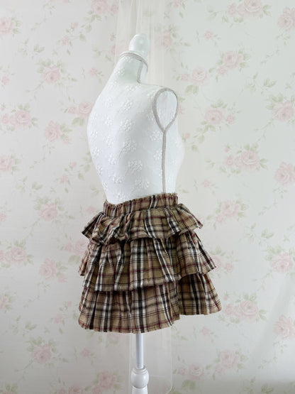 Shoujo Tiered Checked  Skirt (Milk Tea Beige)