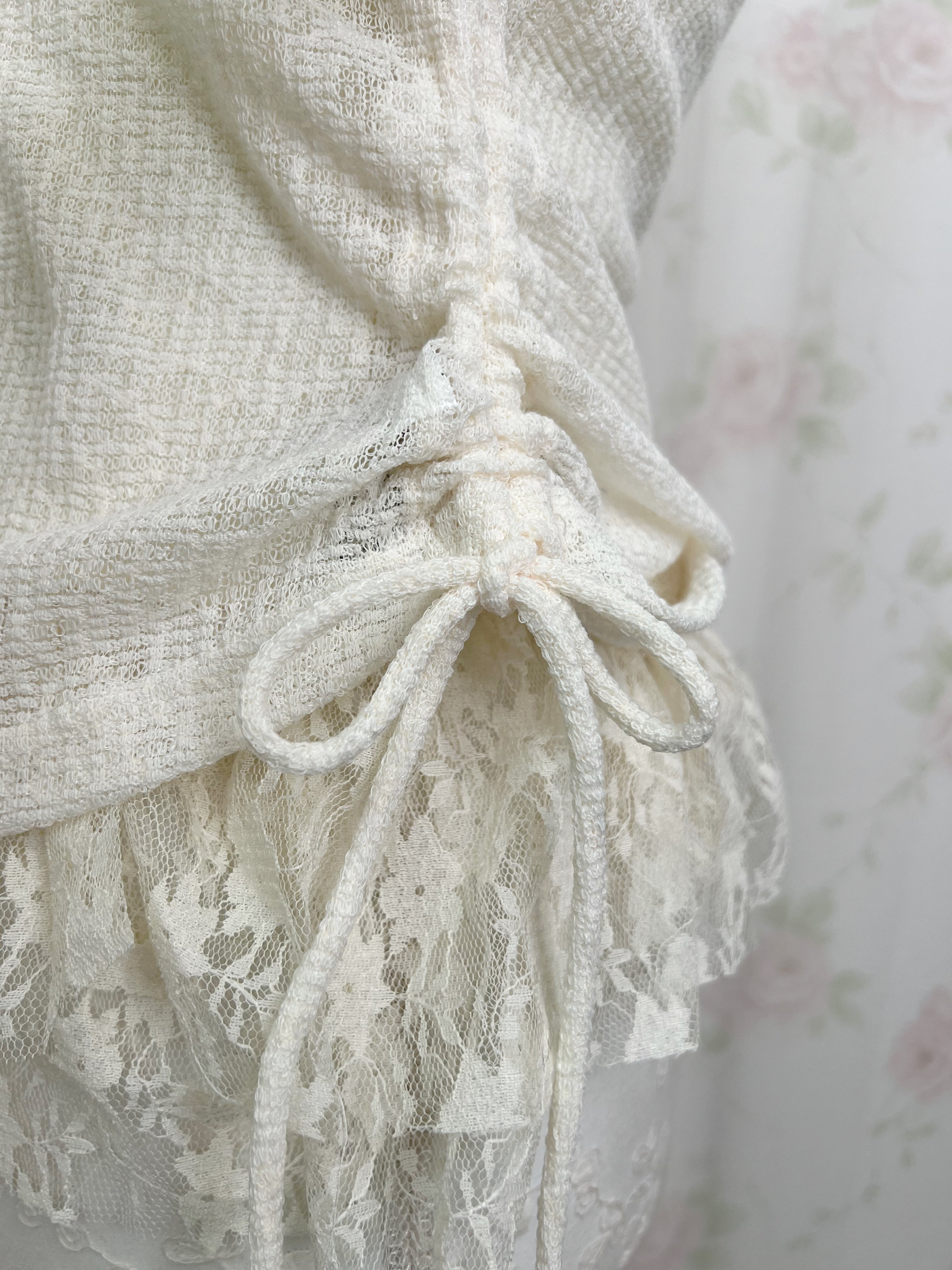 One Shoulder Knit Lace Camisole Set (Ivory)