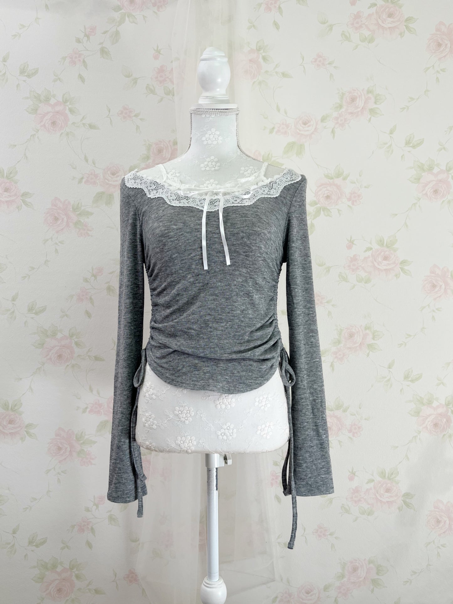 GRL Lacy Off Should  Side String Top (Gray)