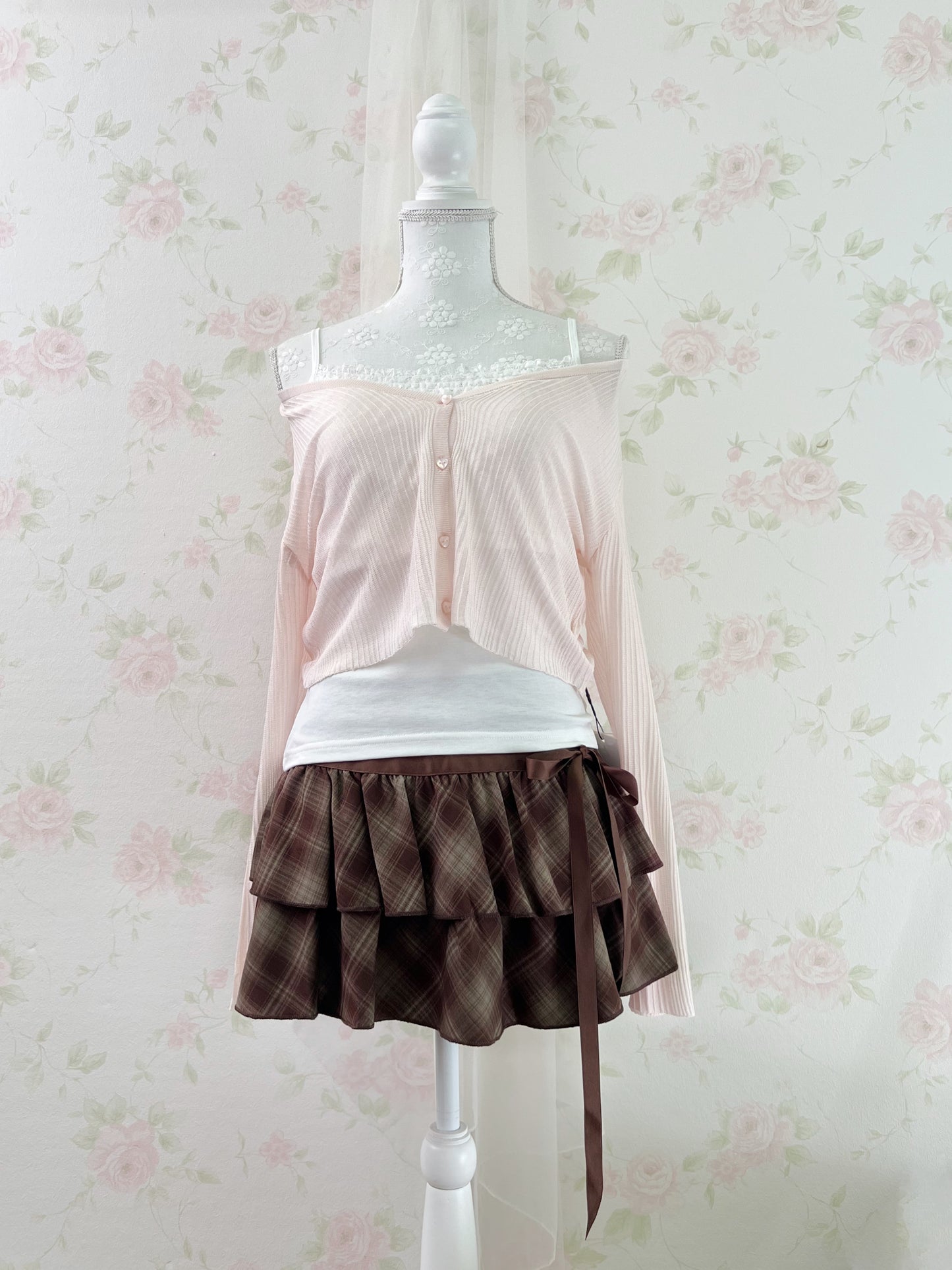 Side Bow Checked Shoujo Mini Skirt (Brown)