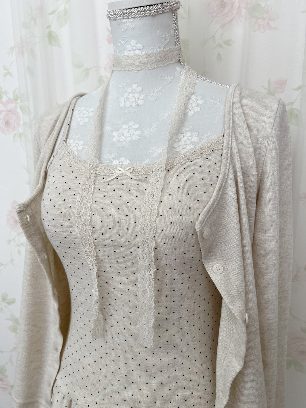 Polka Dot Cardigan Camisole Set (Beige)