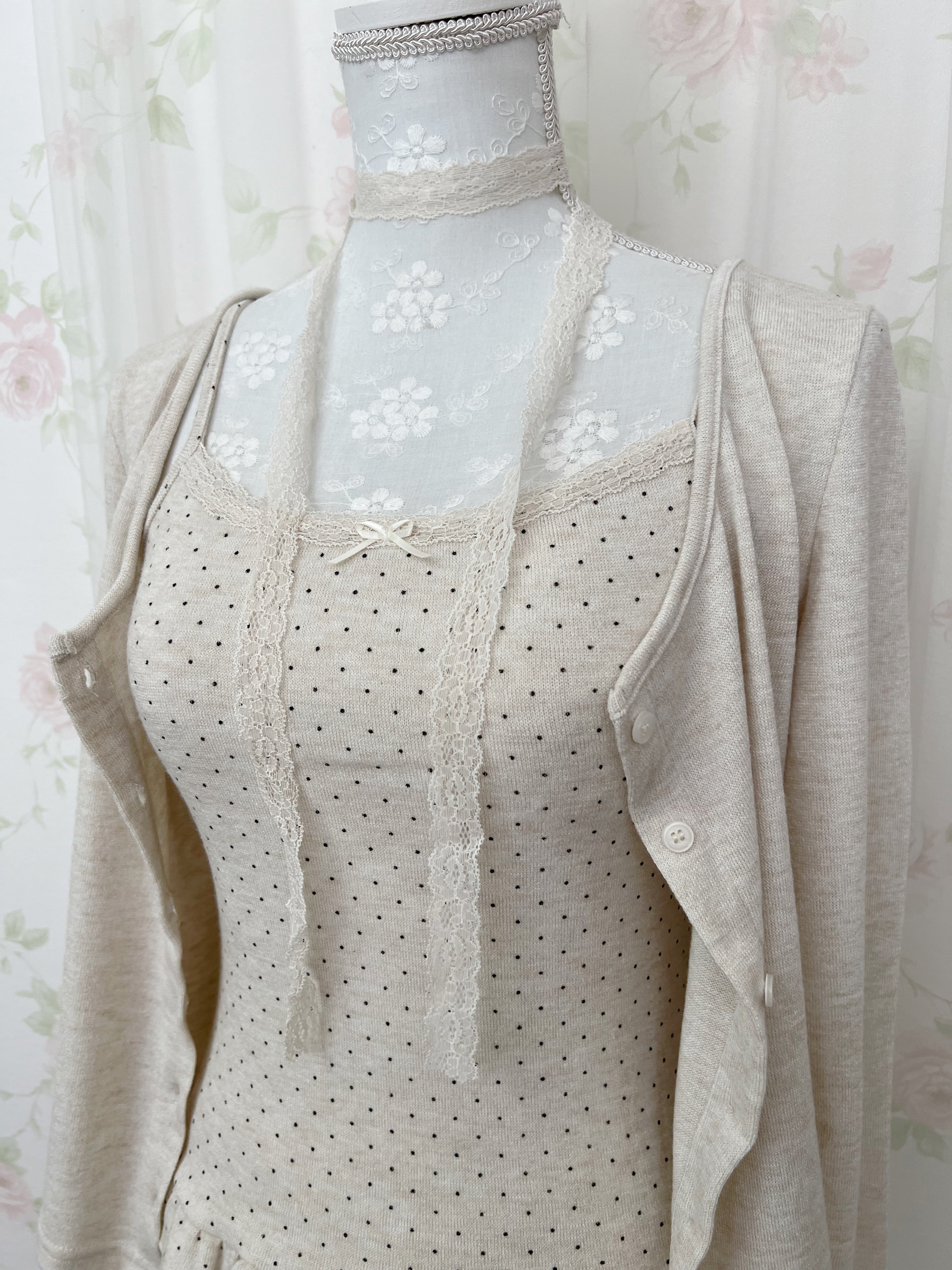 Polka Dot Cardigan Camisole Set (Beige)