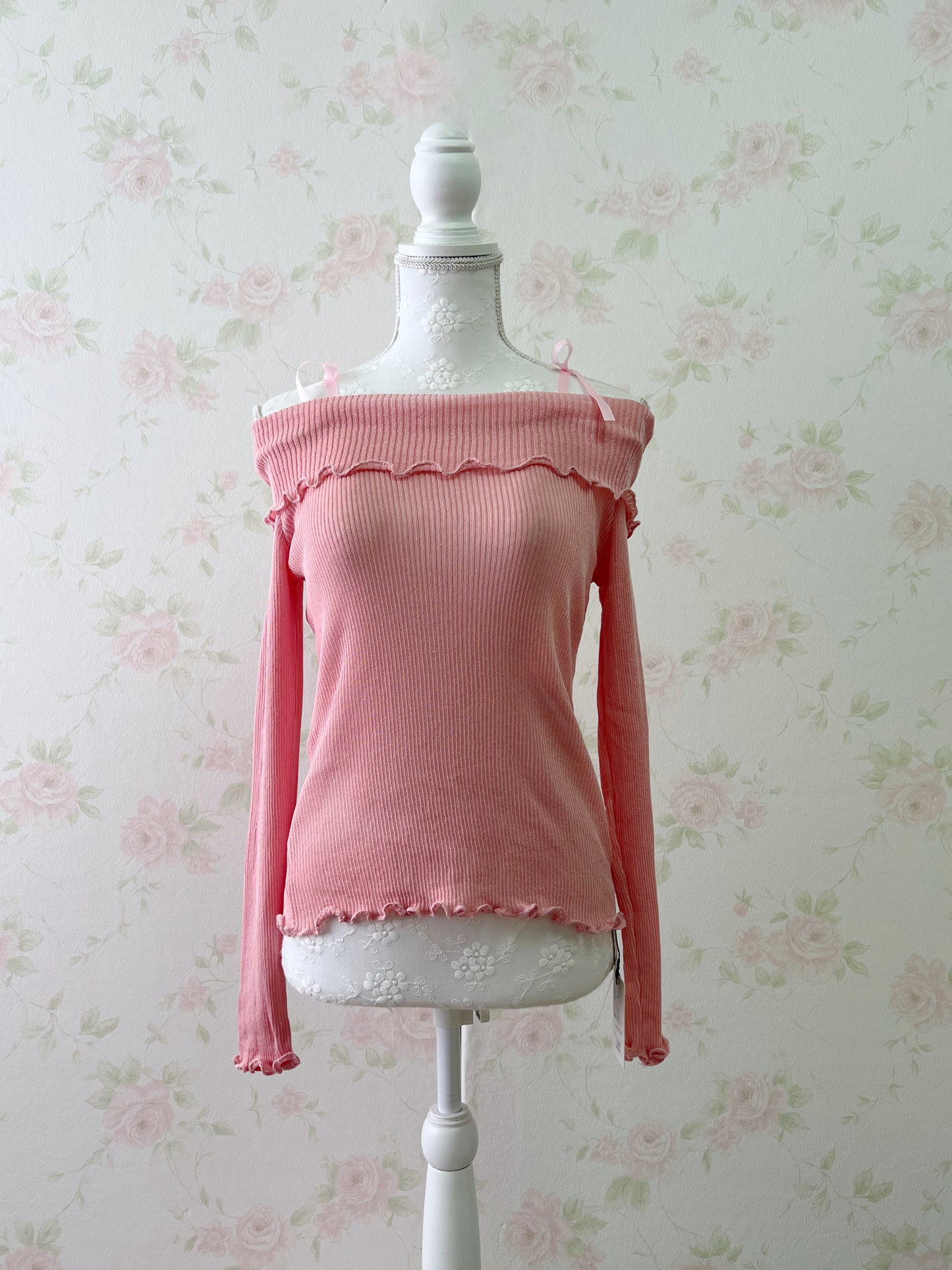 GRL Off Shoulder String Knit Top (Juicy Peach Pink)