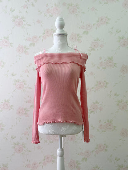 GRL Off Shoulder String Knit Top (Juicy Peach Pink)