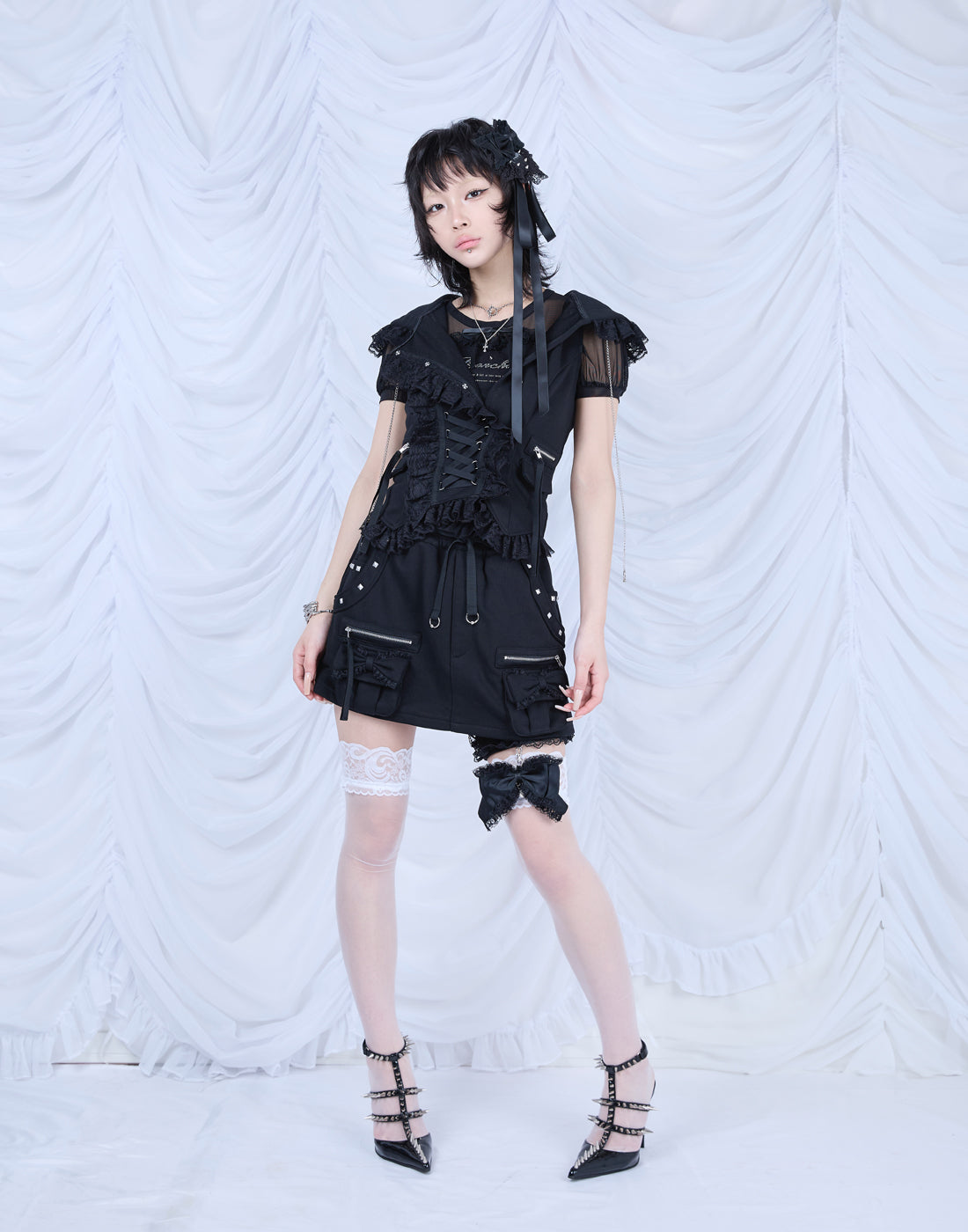 AVENCHUMU Lace-up frilled lace sleeveless hoodie