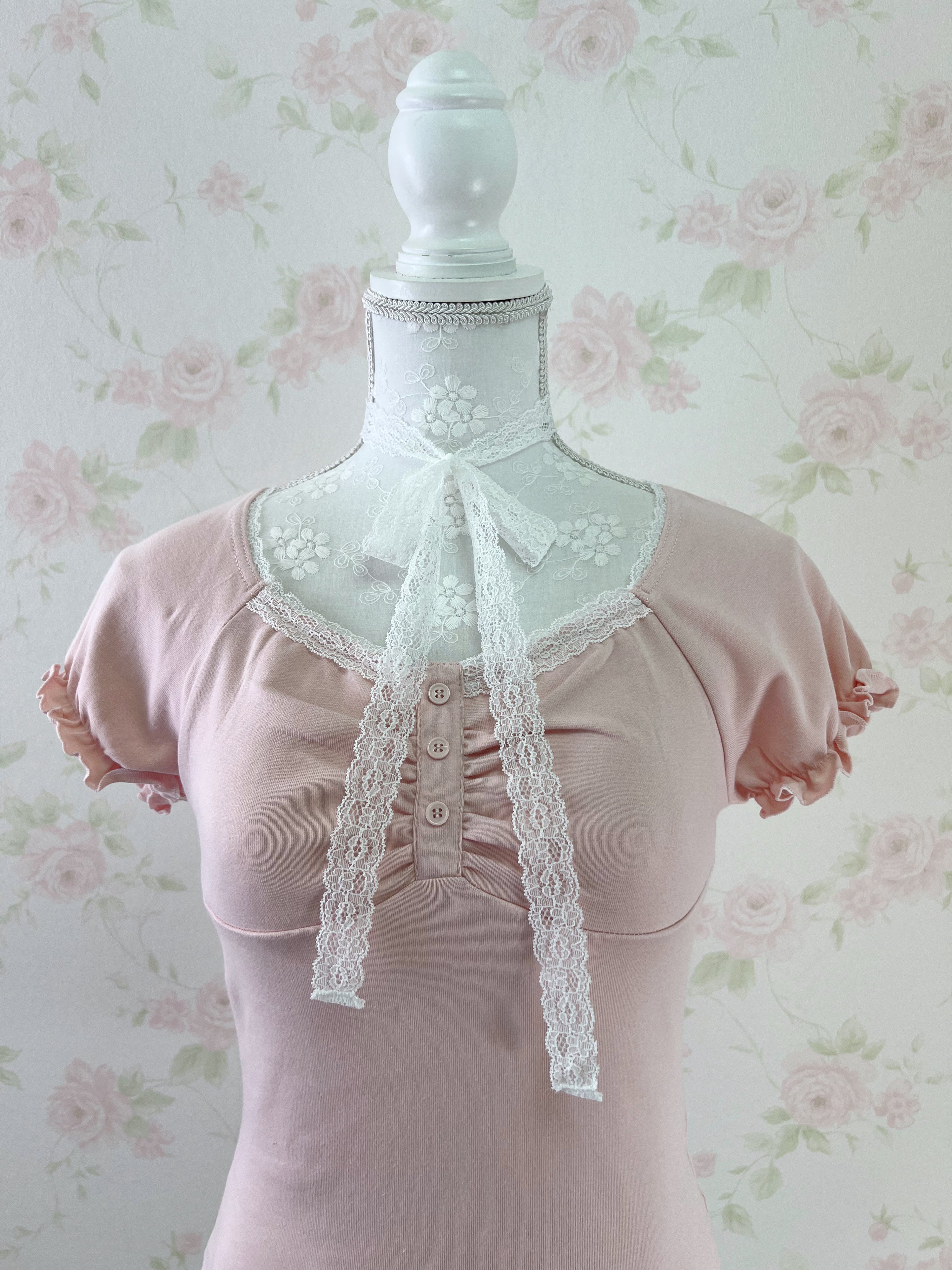 Lace Choker Girly Cotton T-Shirt  (Pink)