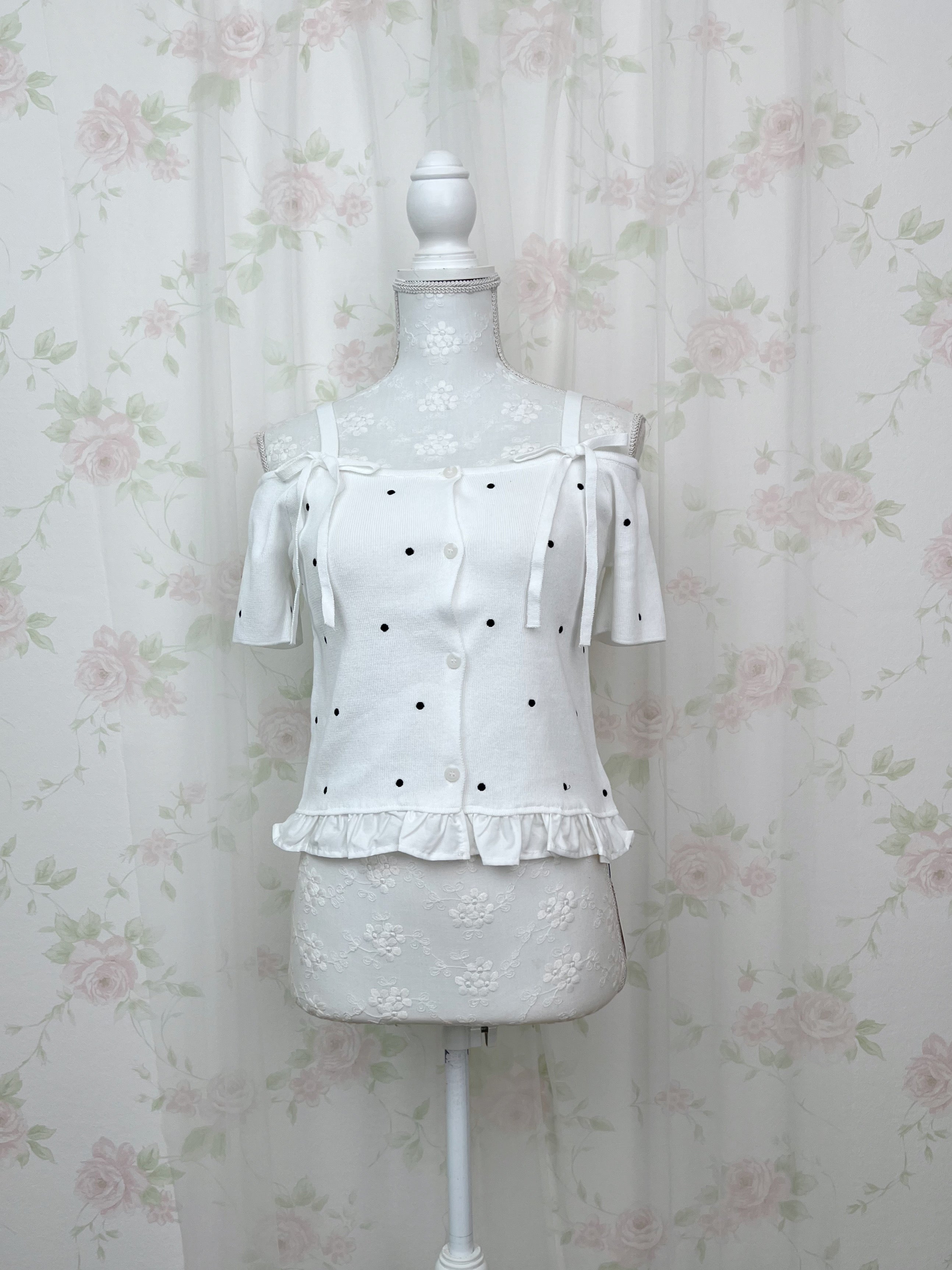 Off Shoulder Short Sleeved Polka Dot Top (White)