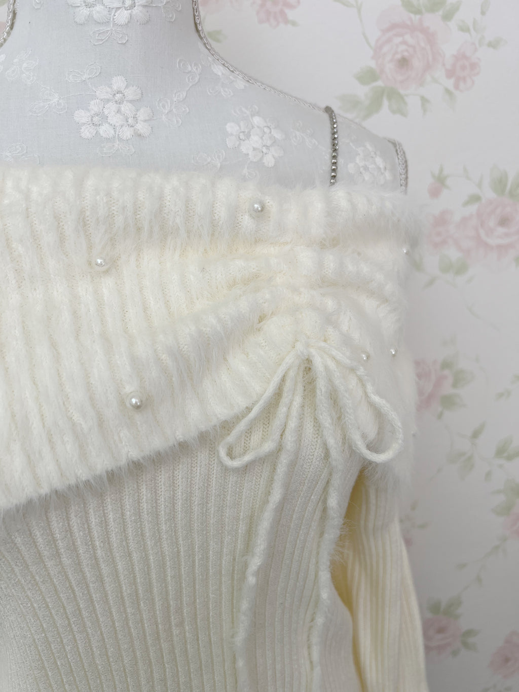 one after another NICE CLAUP Off Shoulder Pearl Sweater (Ivory)
