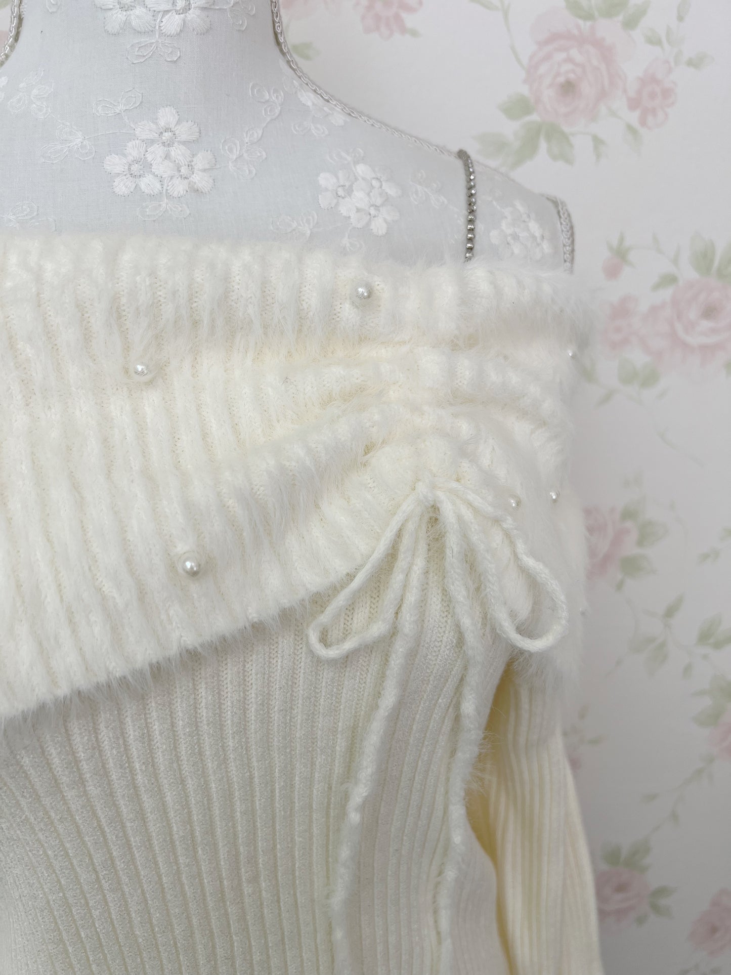 one after another NICE CLAUP Off Shoulder Pearl Sweater (Ivory)