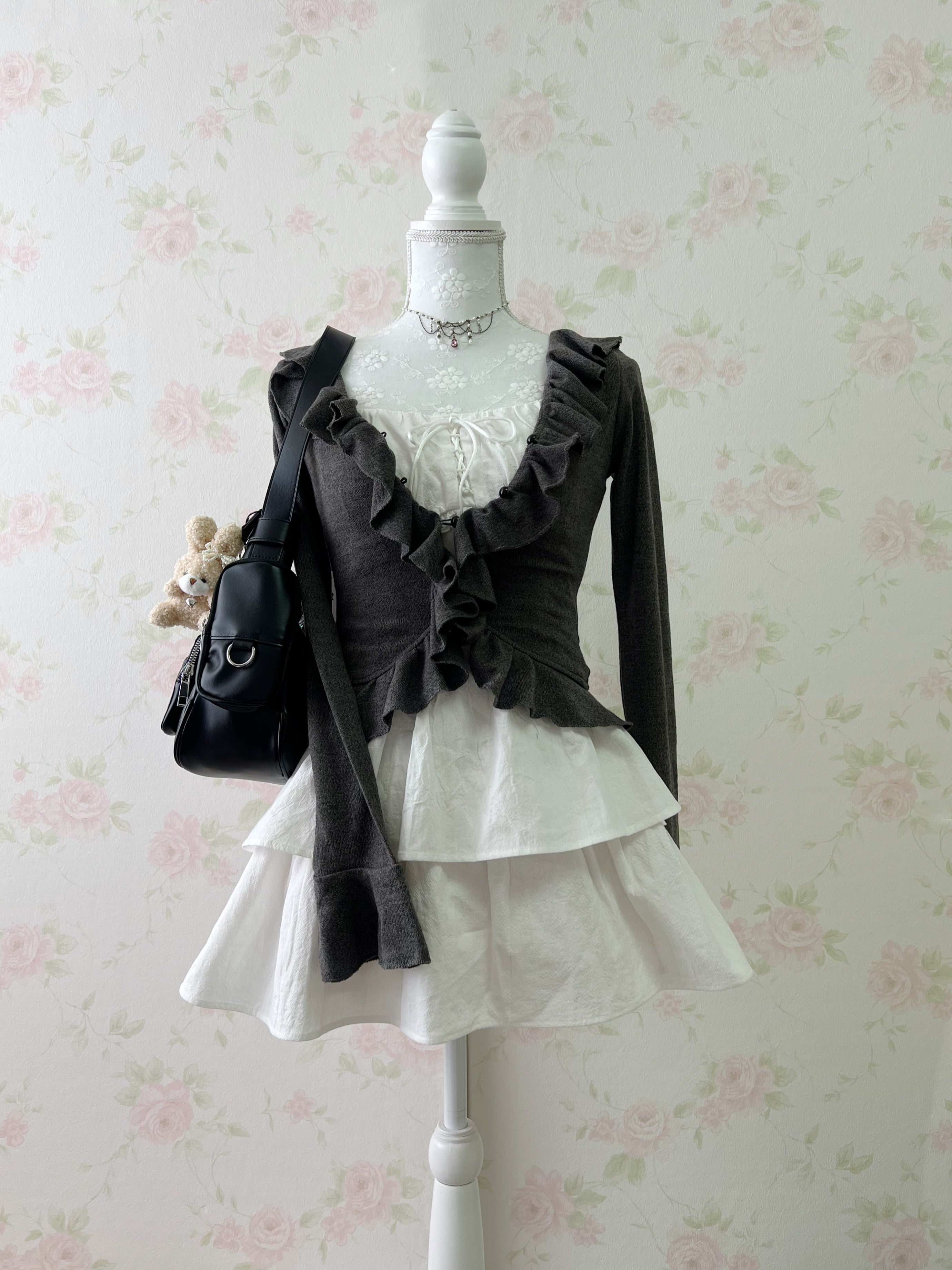 Ruffled V Neck Cardigan (Dark Gray)